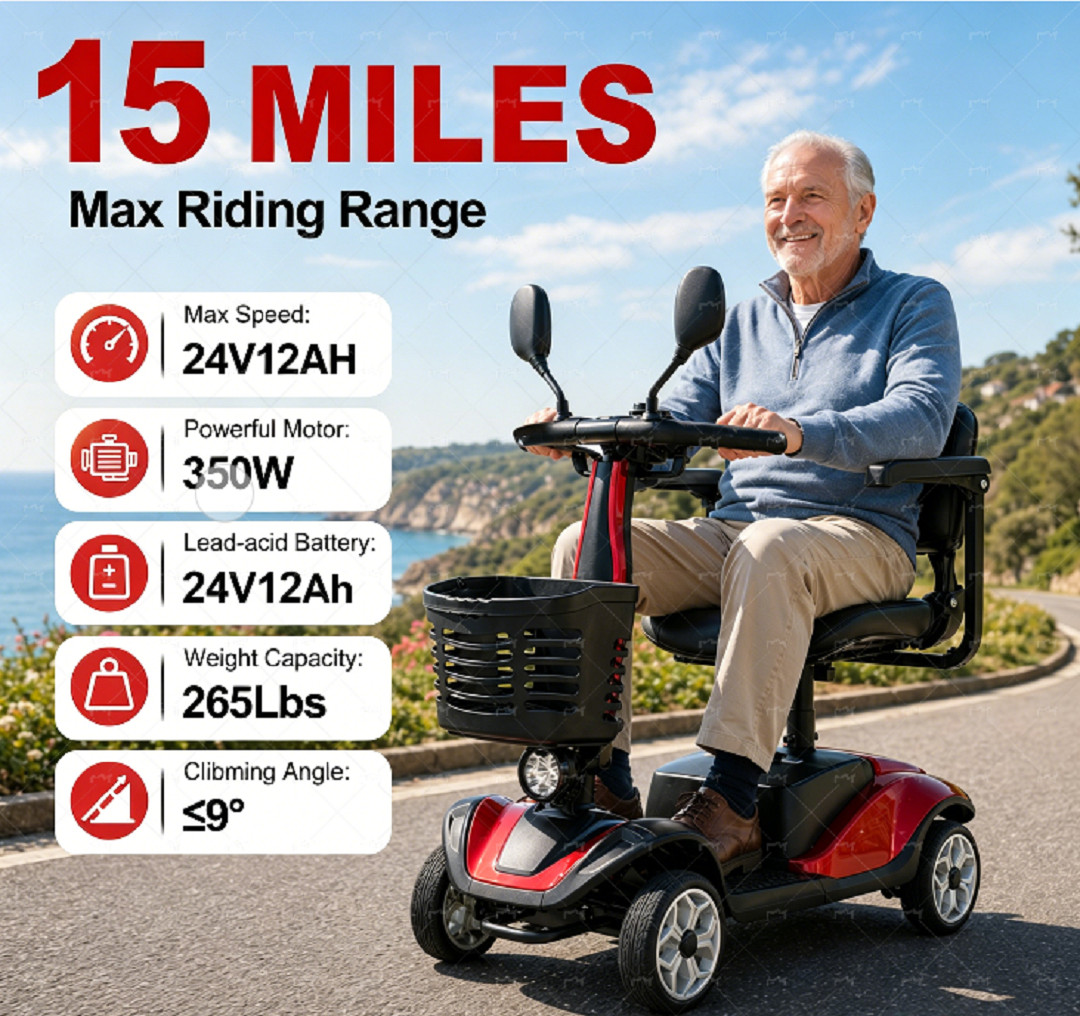 Red 4-Wheeled Mobility 350W Scooter 24V 12AH with Front Basket