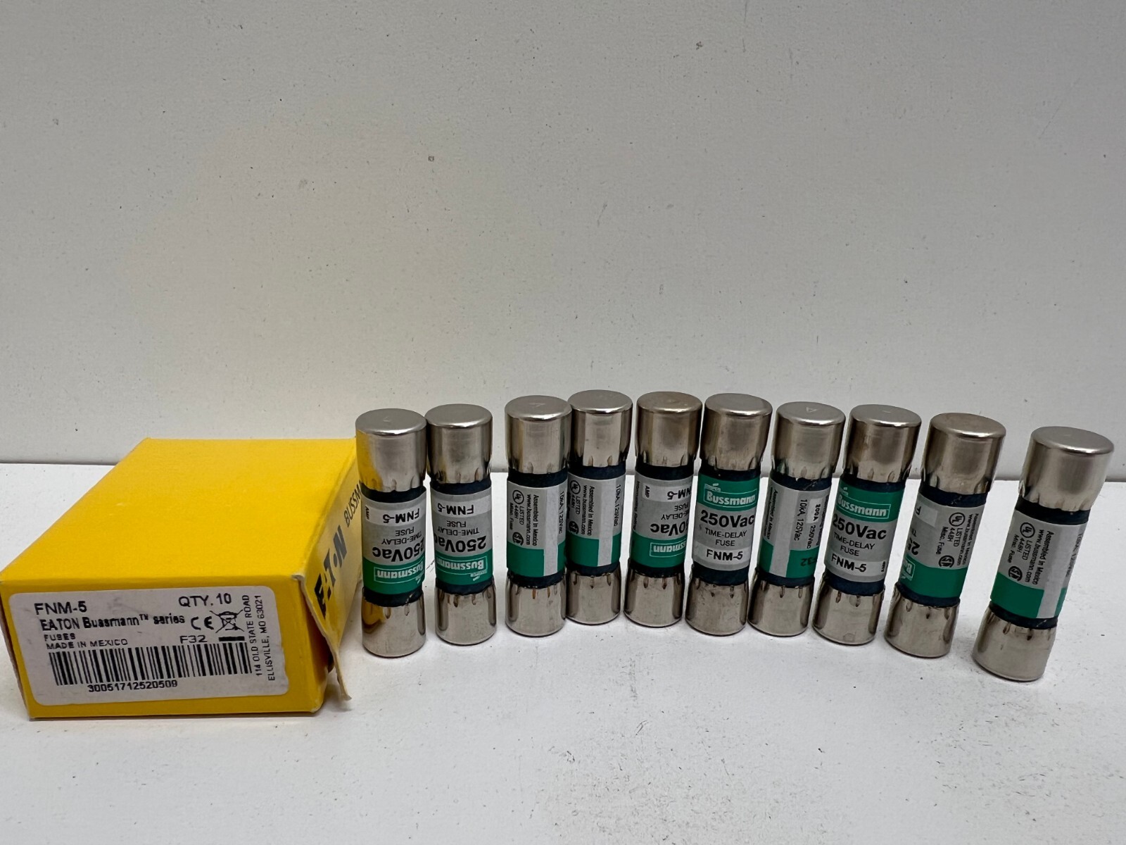 LOT OF (10) NEW IN BOX! BUSSMANN-EATON 5A 250VAC TIME-DELAY FUSES FNM-5