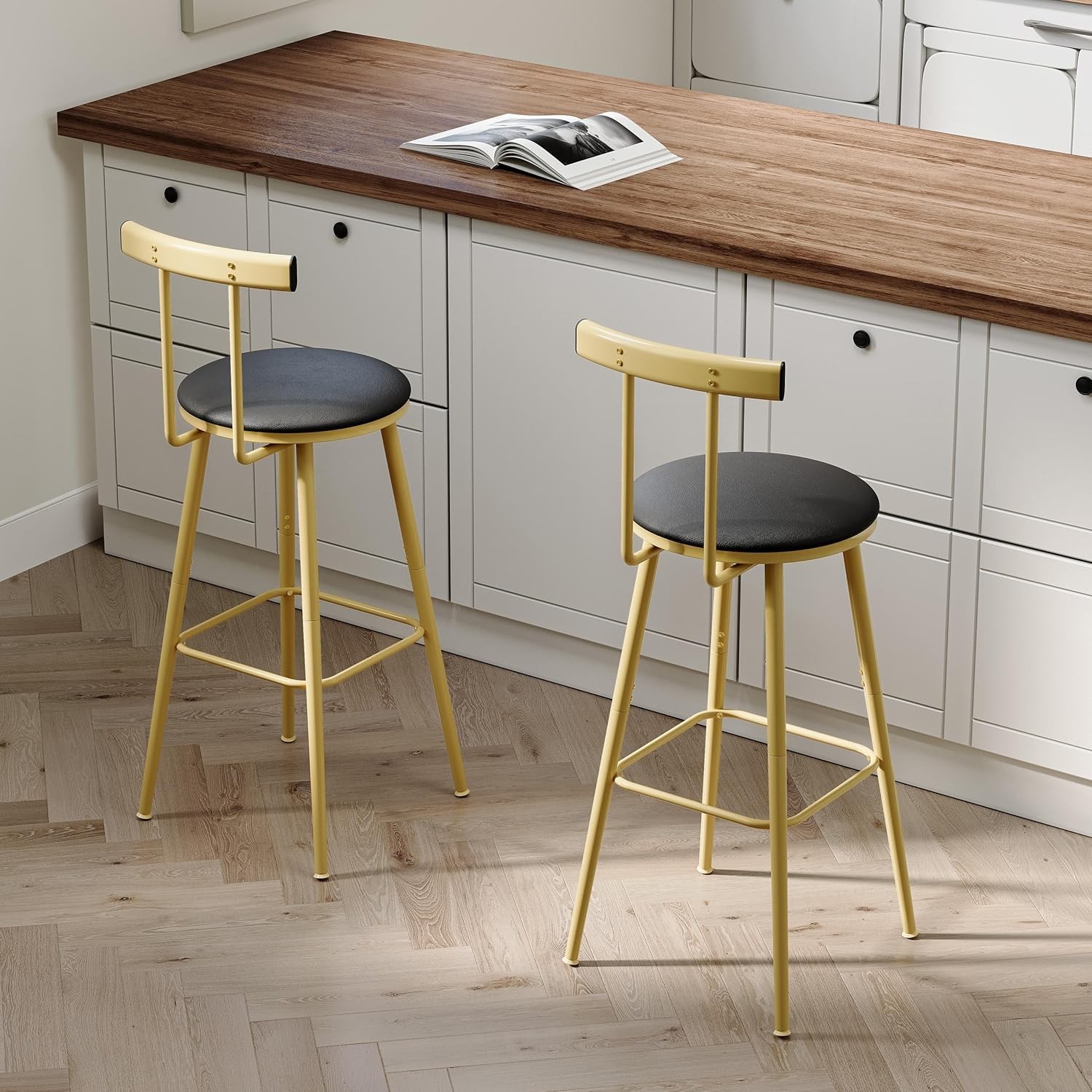 Bar Stools Set of 2 High Kitchen Barstools Bar Chairs W/ Backrest & Footrest