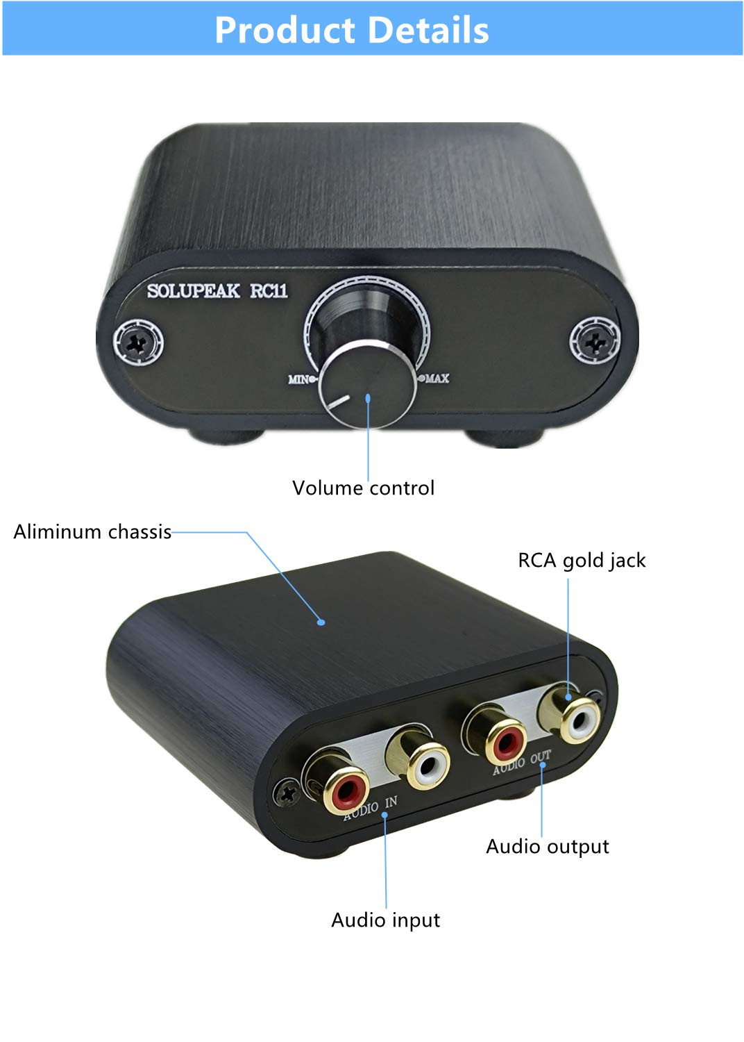 RCA Audio Volume Controller, Line Volume Control Box, Mini Attenuator Knob -RC11