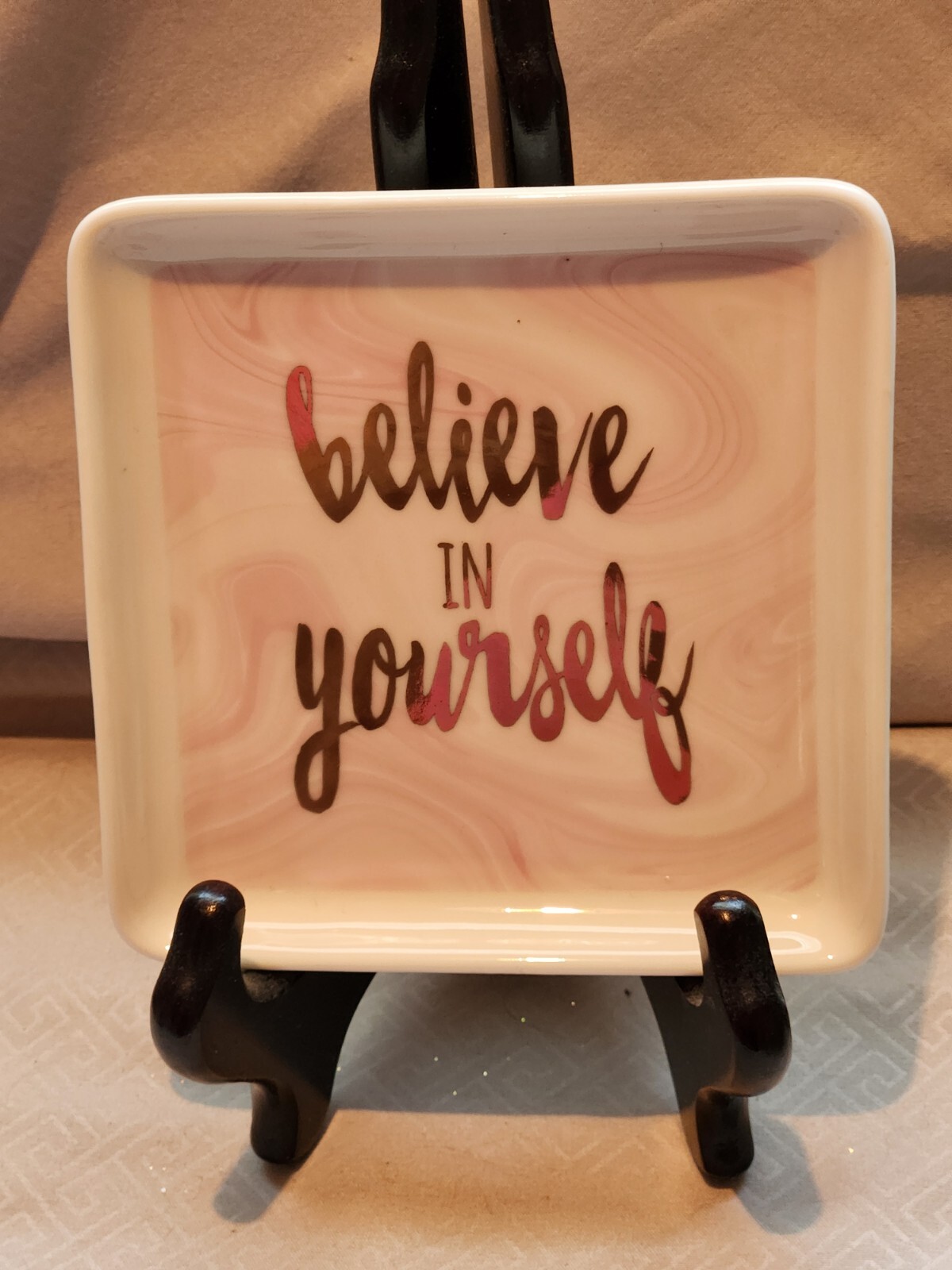 White Inspirational Message Trinket Dish "Believe In Yourself" 5 In. Square