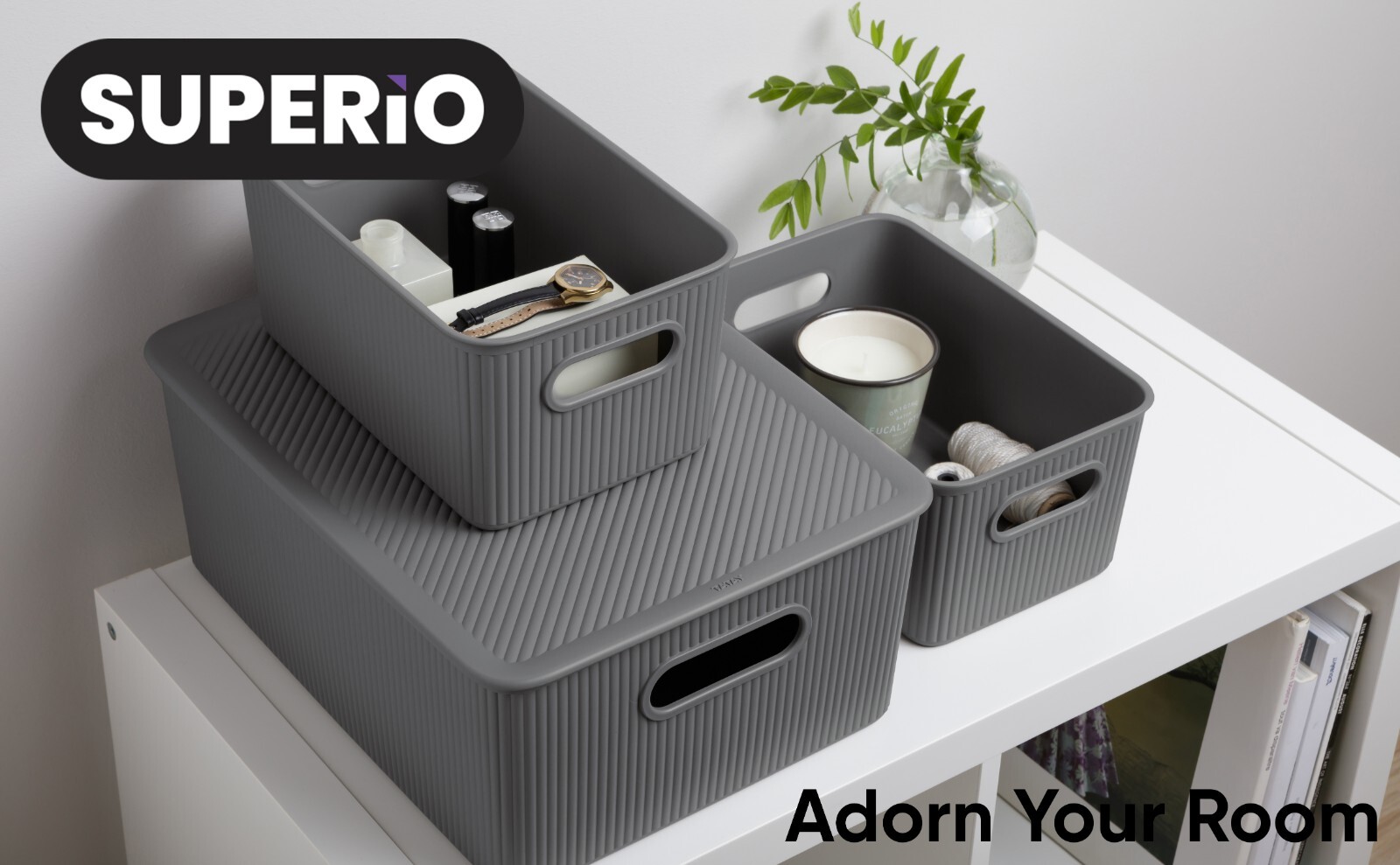 Medium Decorative Storage Bin 15 Liter, Grey Plastic Storage Basket