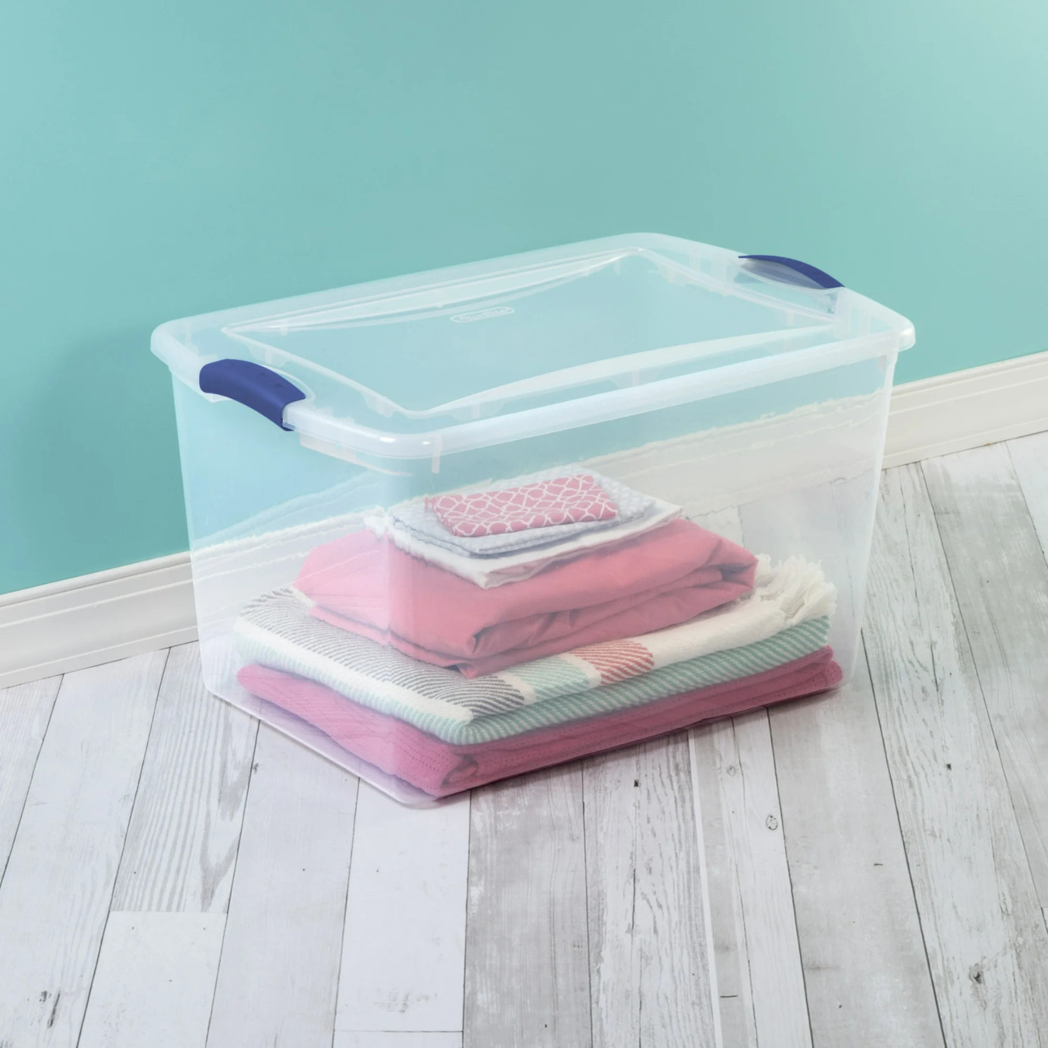 Sterilite 66 Qt Clear Latching Storage Bin Container Blue Lid 4 Pack Stackable