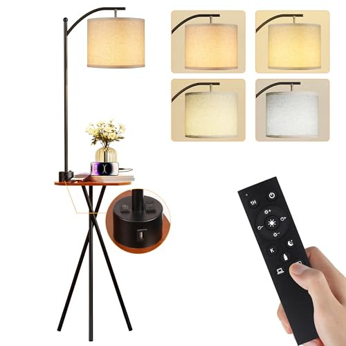 Floor Lamp with Table, End Table Lamp with Remote Control and Charging