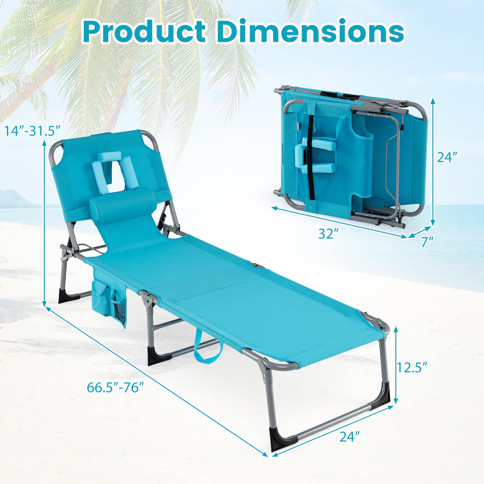 2PCS Tanning Chair,Portable Chaise Lounge Chair w/4-Position Adjustable Backrest
