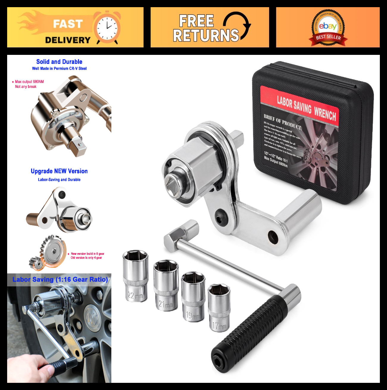 Heavy Duty Torque Multiplier Wrench Set for Lug Nut Removal - 1/2" Drive, 1:16 R