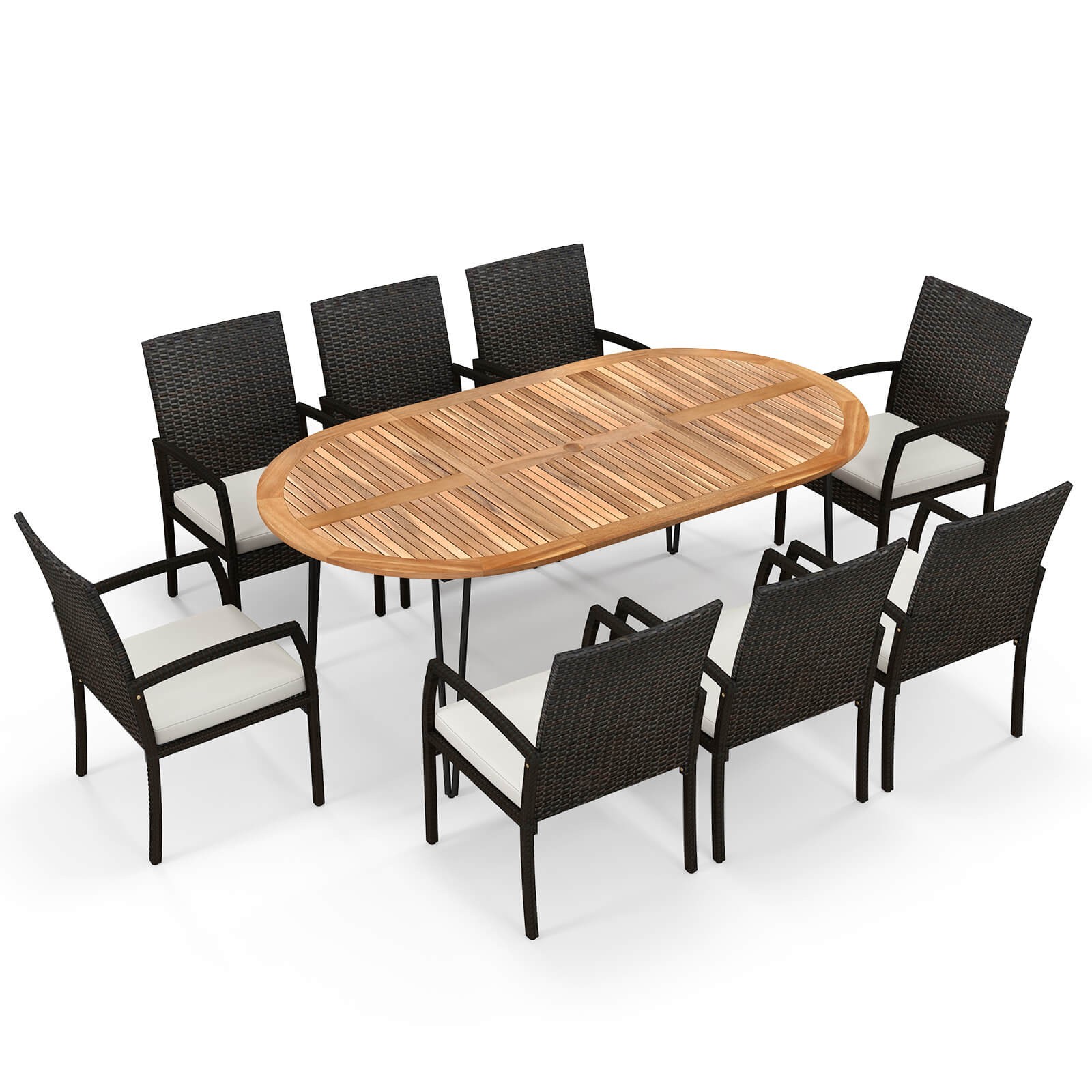 9 PCS Patio Rattan Dining Set Acacia Wood Table and 8 Patio Wicker Armchairs