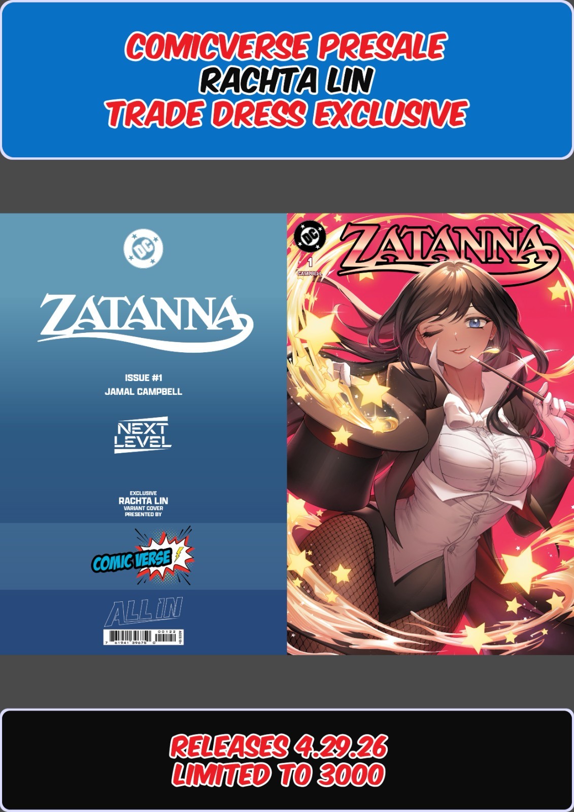ZATANNA #1 DC 2026 RACHTA LIN COMICVERSE TRADE DRESS EXCLUSIVE PRESALE 4.29 NM