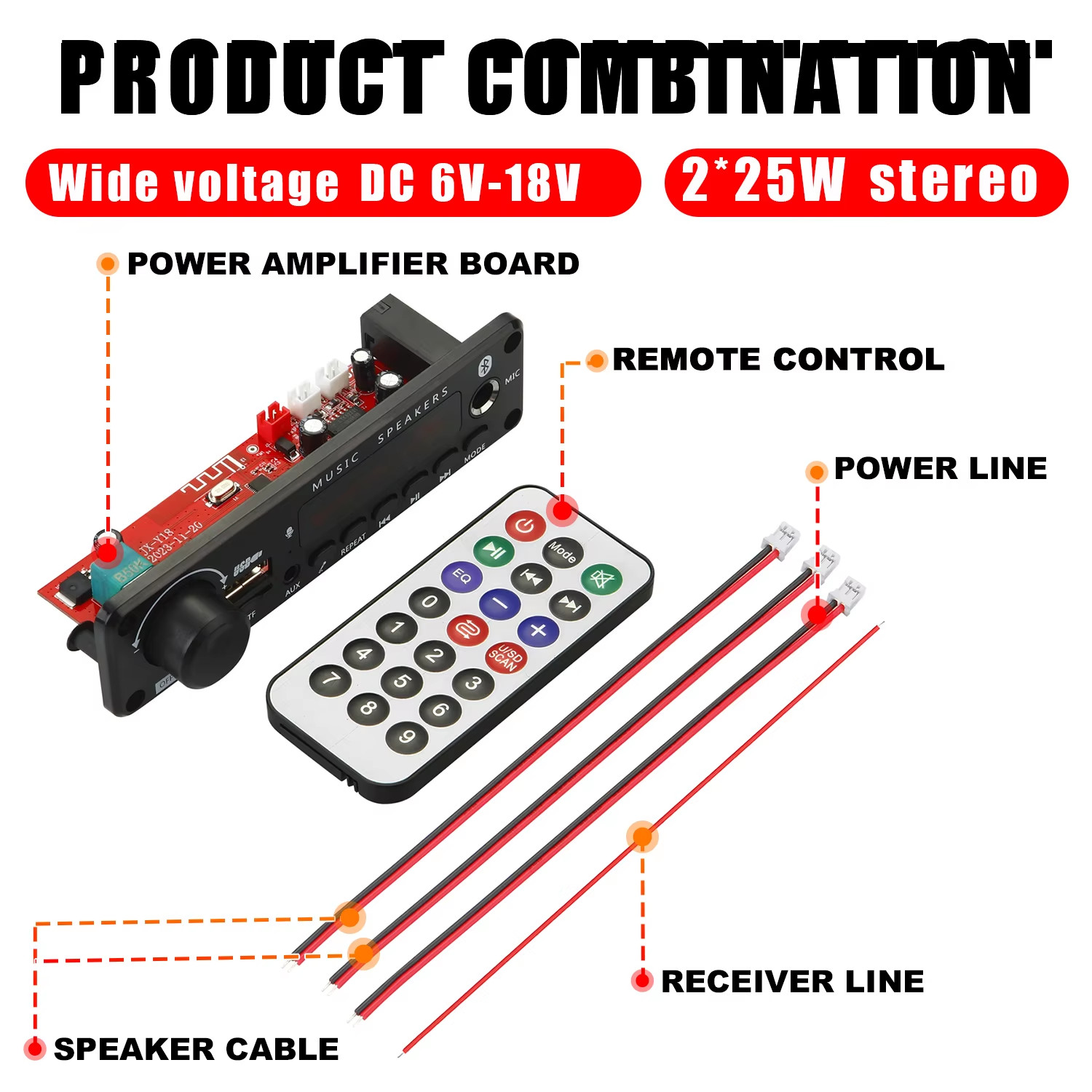 200W Bluetooth Amplifier Board MP3 WAV Decoder USB TF FM Mic DC 12V US