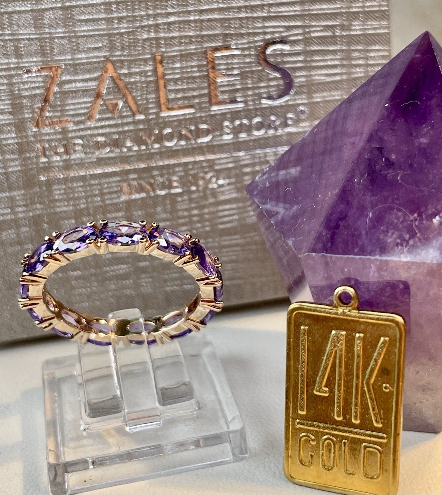 Sizes-6.5-9.5  ZALES 14k Solid Rose Gold  3CT Amethyst Eternity ring.