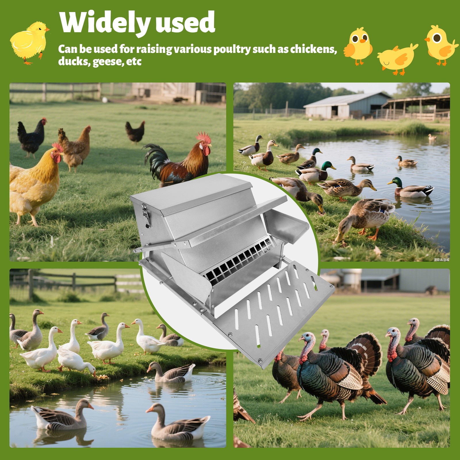 Galvanized Steel Automatic Chicken Feeder Weatherproof 20lb Feed Container
