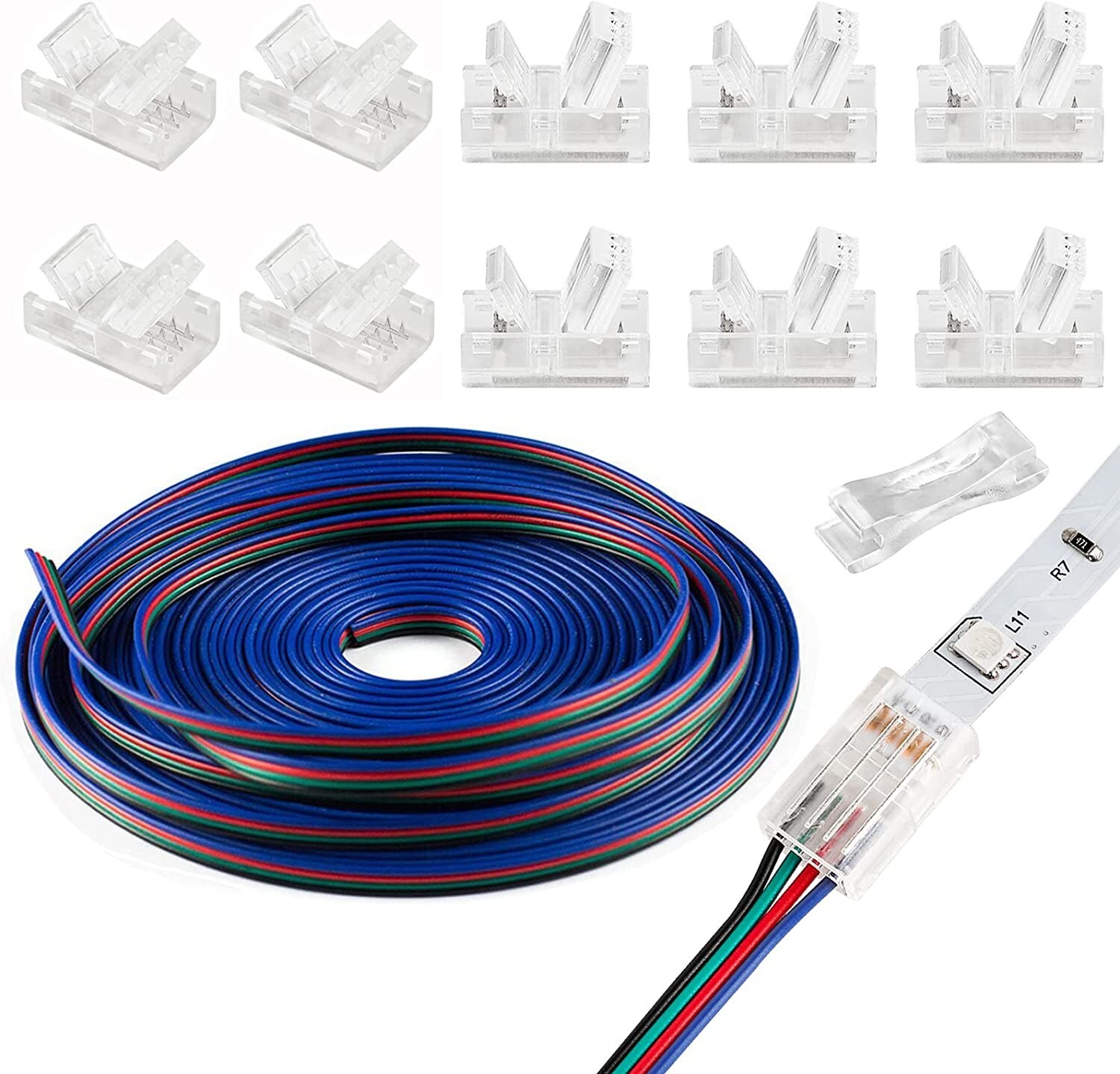 10 PCS LED Strip Connectors 4 Pin for 10mm RGB Strip Lights + 5M Extension Cable