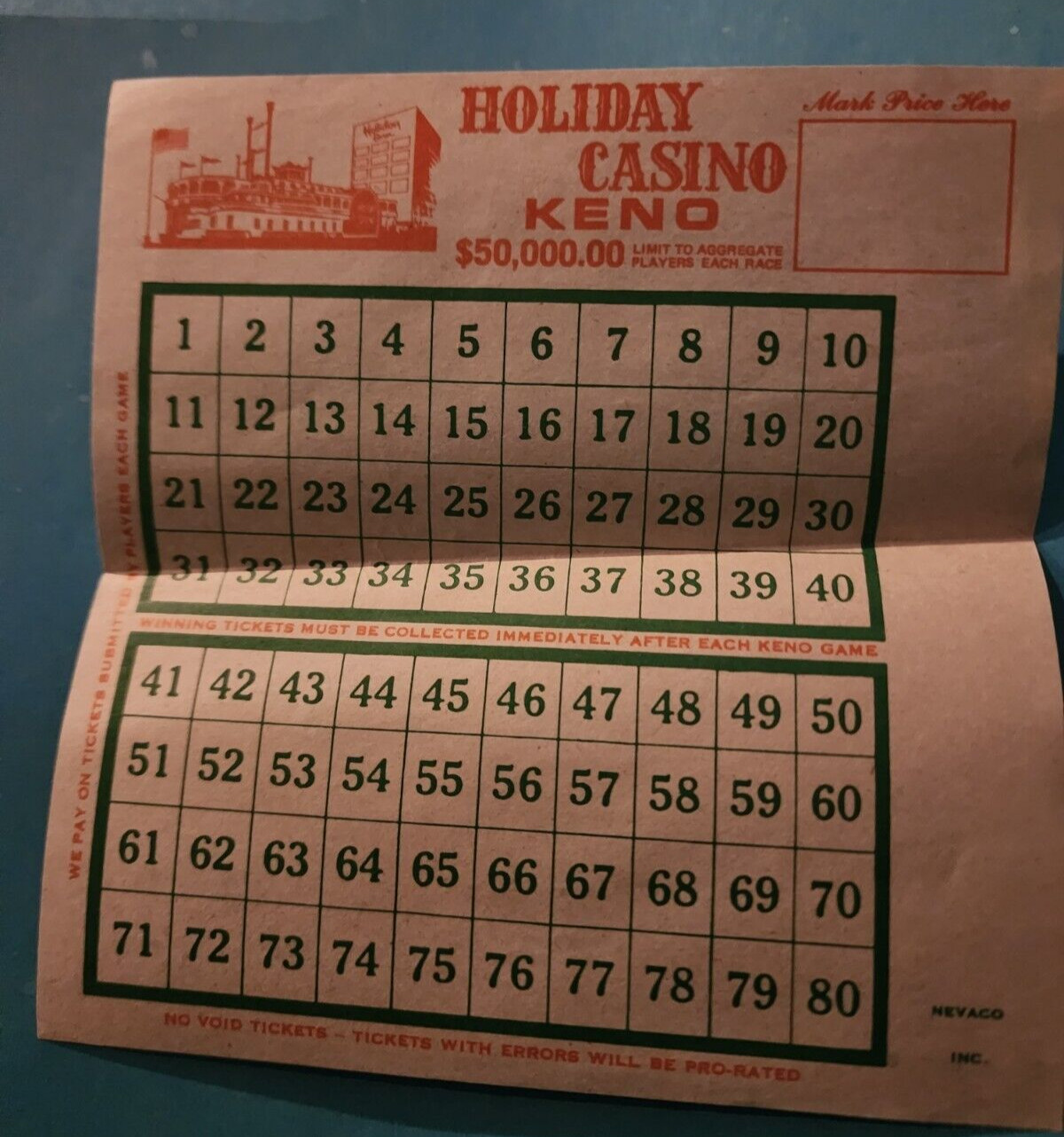 1980's Holiday Casino  (Became Harrah's) Unused Keno Ticket  Las Vegas Nevada