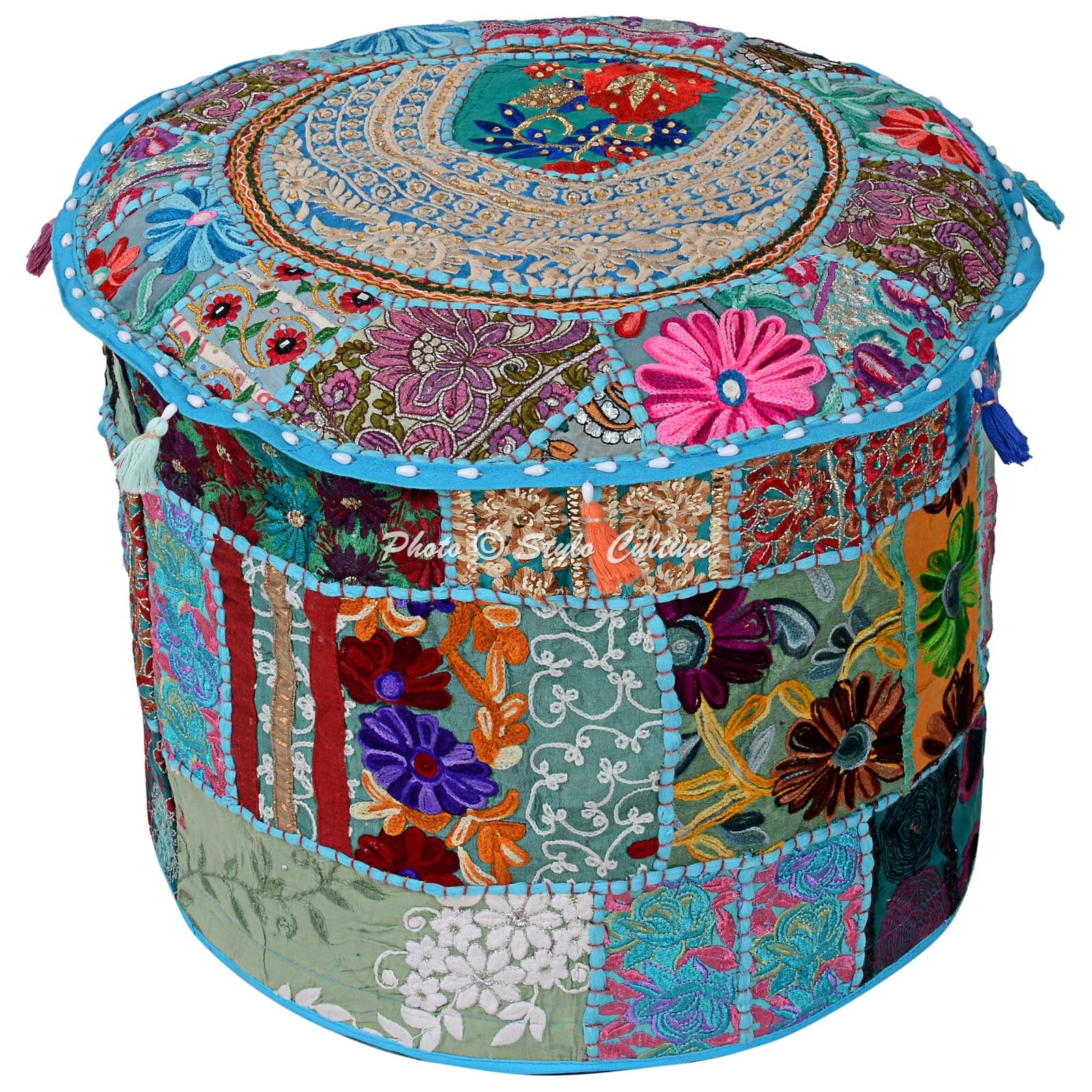 Handmade Bohemian Patchwork Blue Ottoman Pouf Cover Seating Foot Stool 16 in