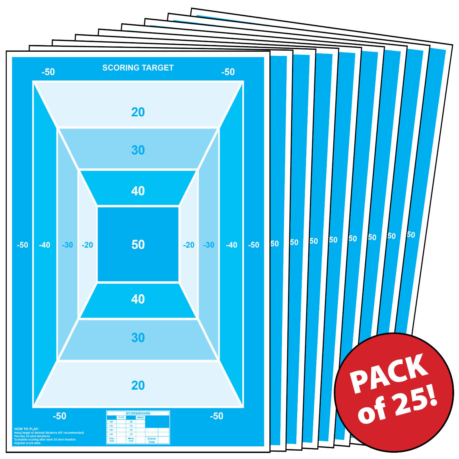25 Paper Shooting Targets For Gun Range Rifle Pistol Handgun Blue Scoring 23x35
