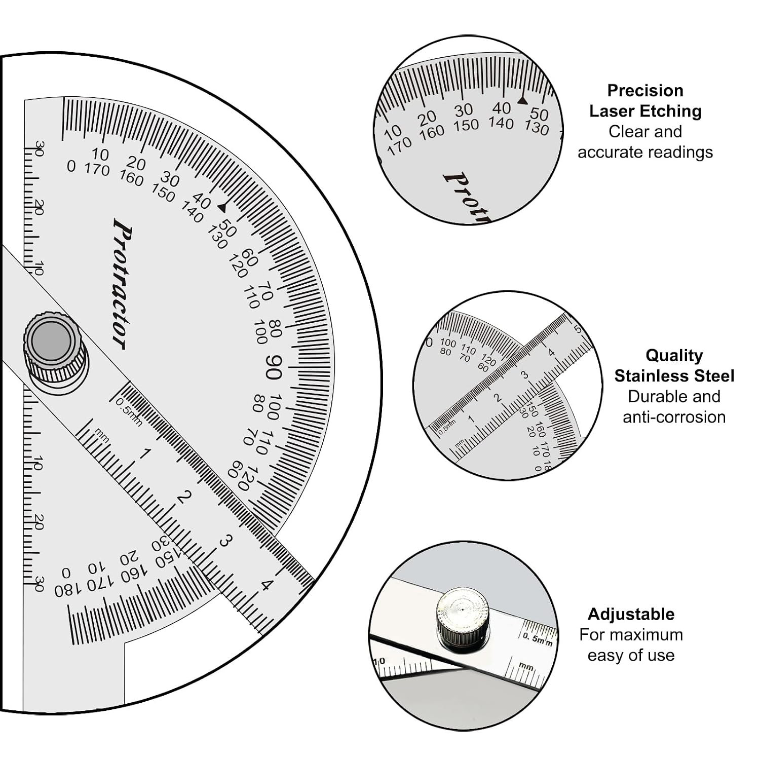 Stainless Steel Angle Protractor -180° Two Arm Ruler Adjustable Finder Angle