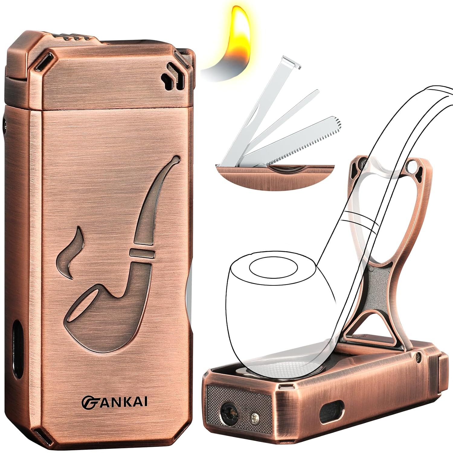 Refillable Butane Pipe Lighter with Built in Stand Windproof 3 in 1 Cleaner Tool