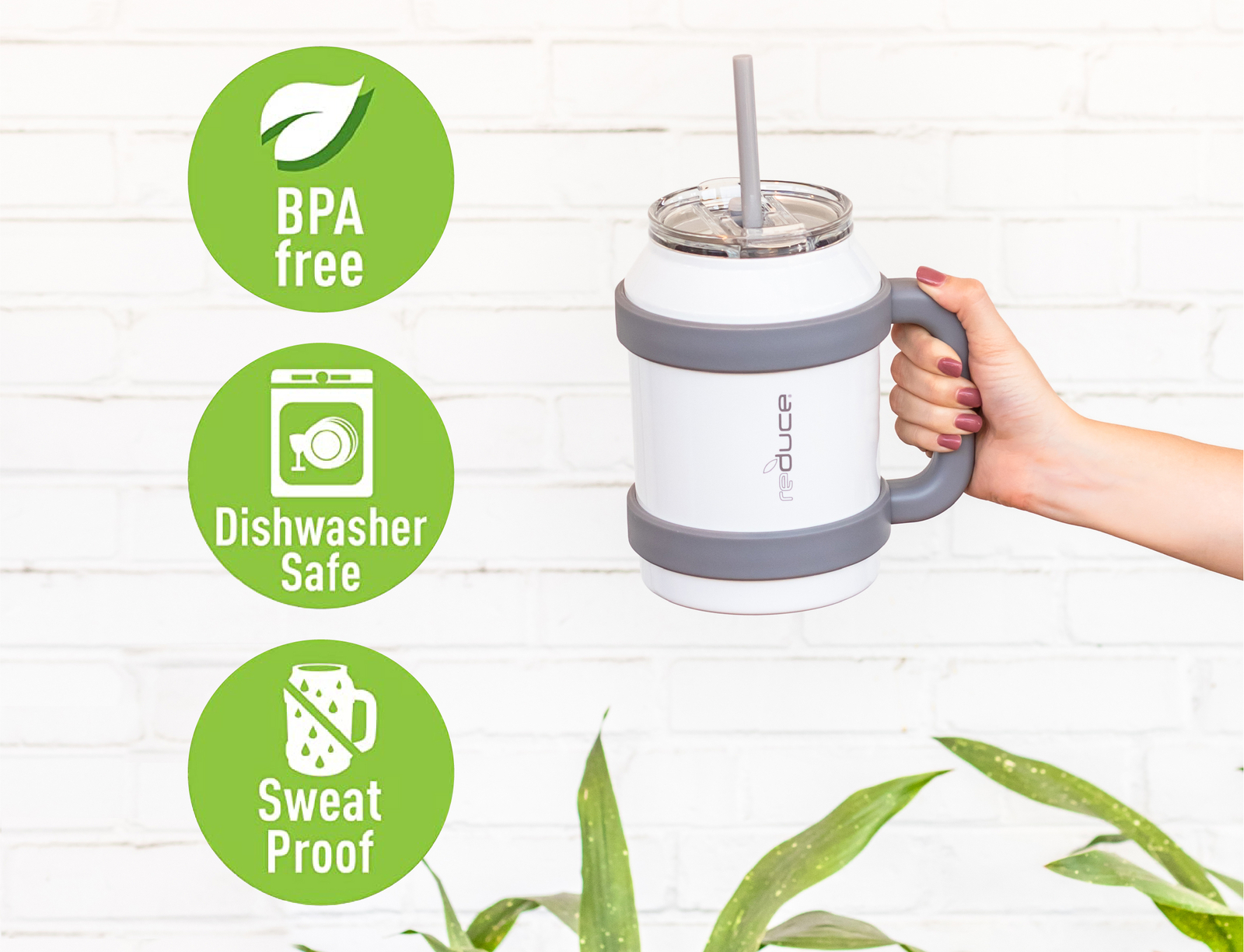 Reduce 50oz Stainless Steel Mug With Straw, Lid & Easy-Carry Handle, Mild Mint