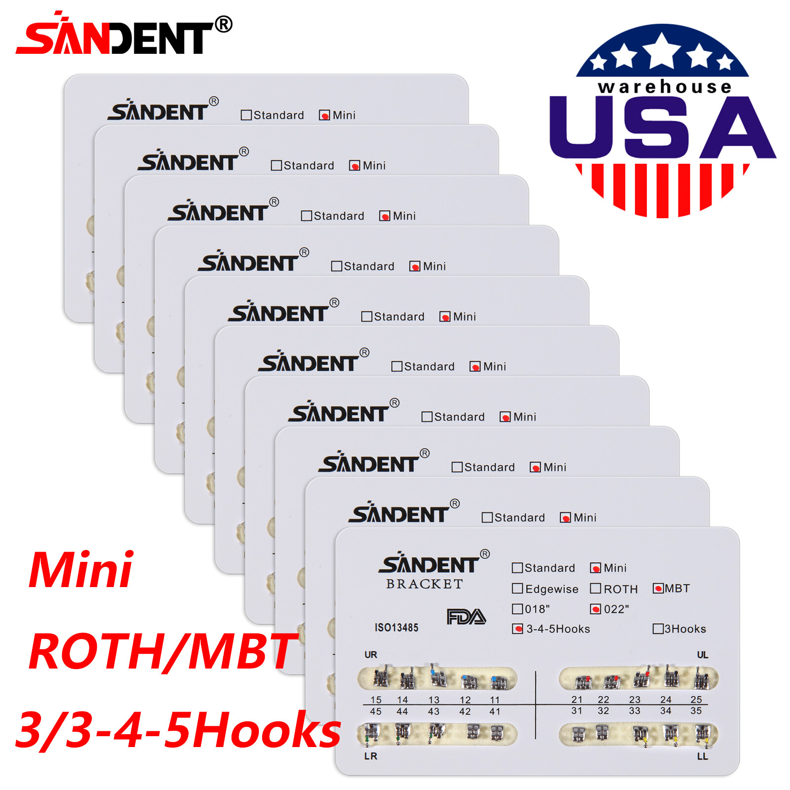 Dental Orthodontic Metal Brackets Braces Mini Standard Roth MBT 022 345 Hooks SA