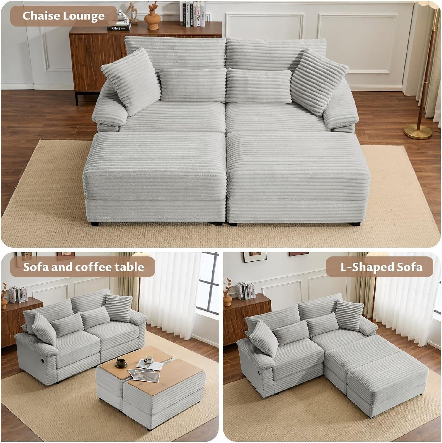Double Lounge Chaise Indoor with Reversible Storage Ottoman/Table, USB Port & Pi