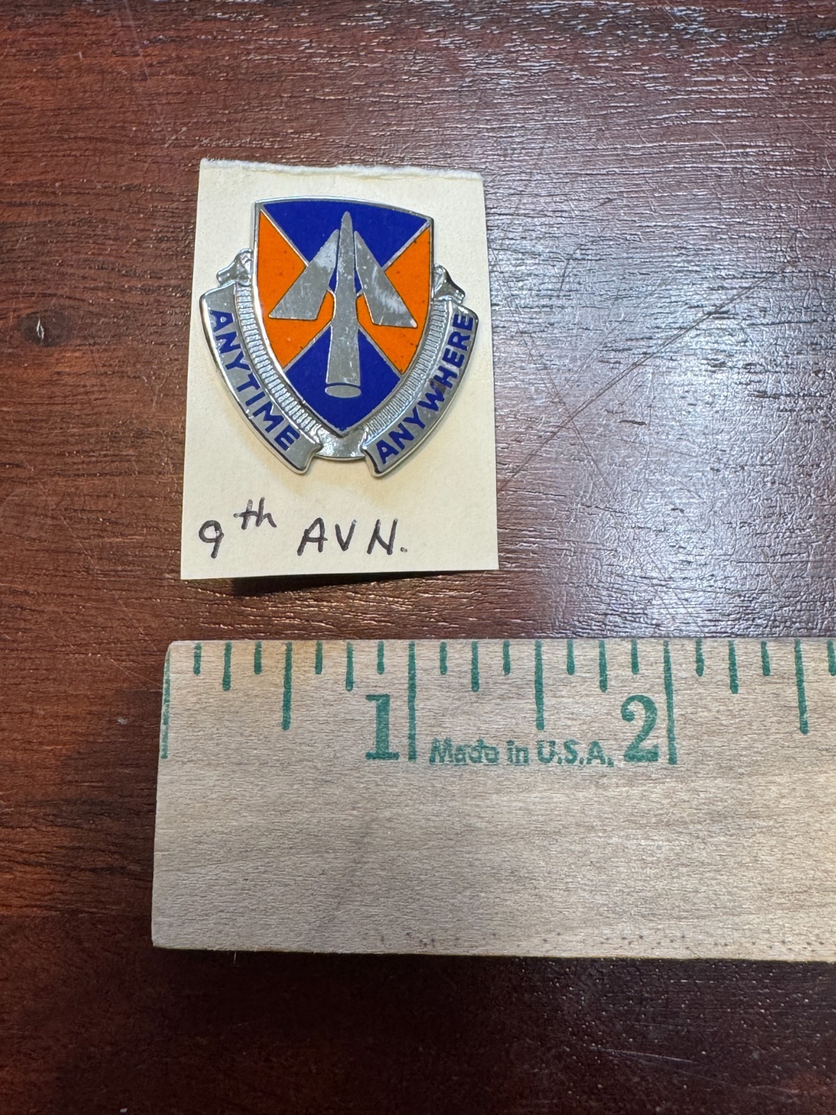 US Army 9th Aviation Battalion unit crest, ANYTIME ANYWHERE
