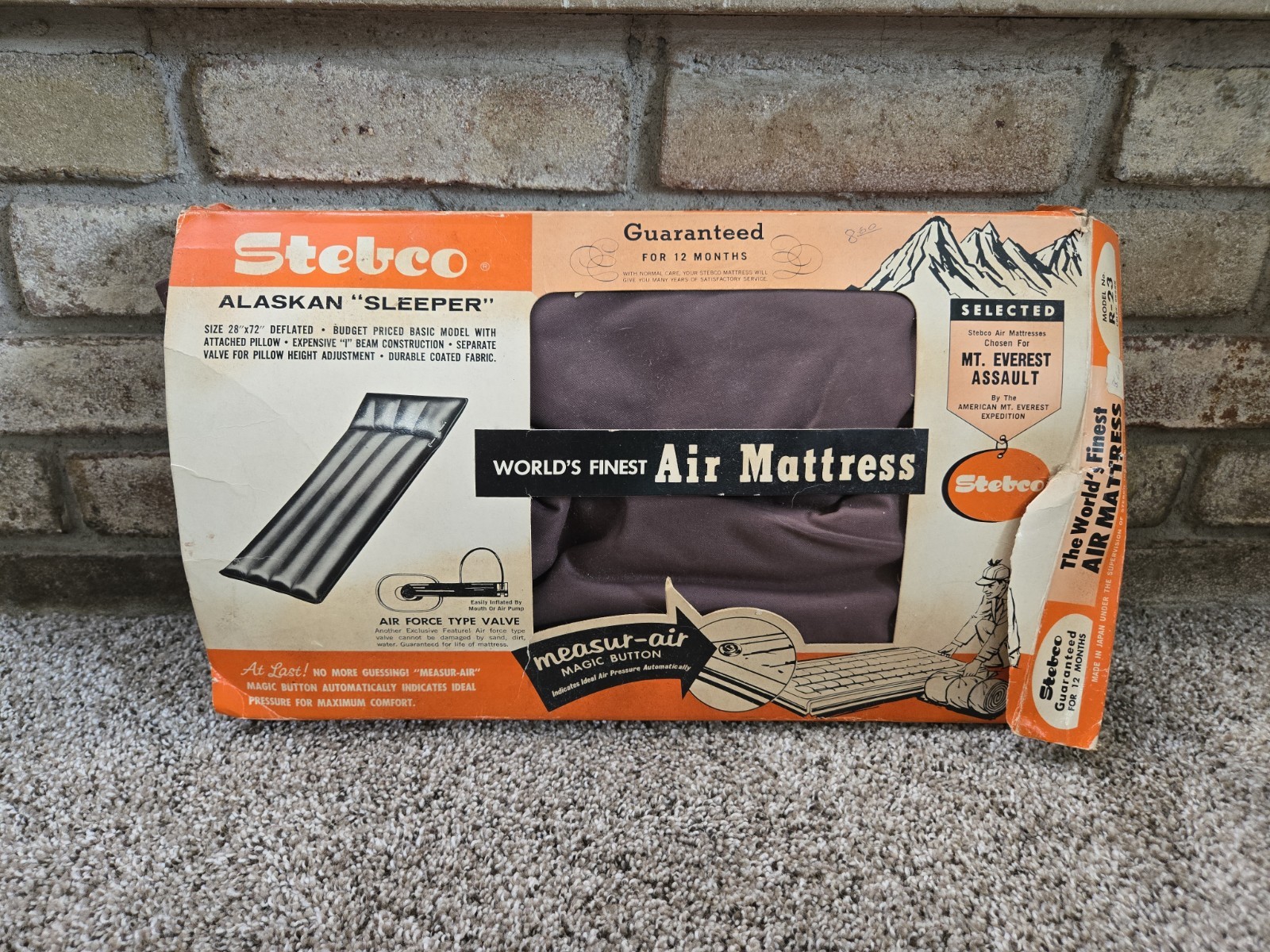 Stebco Vtg 60s Alaskan Sleeper Air Mattress Model R-23 Brown Mt Everest W/Box