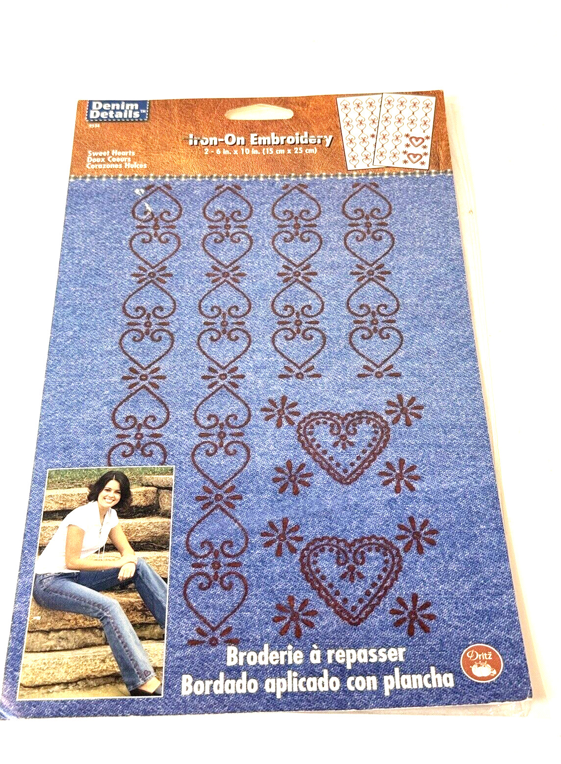 Dritz Denim Details Iron On Embroidery Sweet Hearts 2538 Fashion VTG 2002 USA