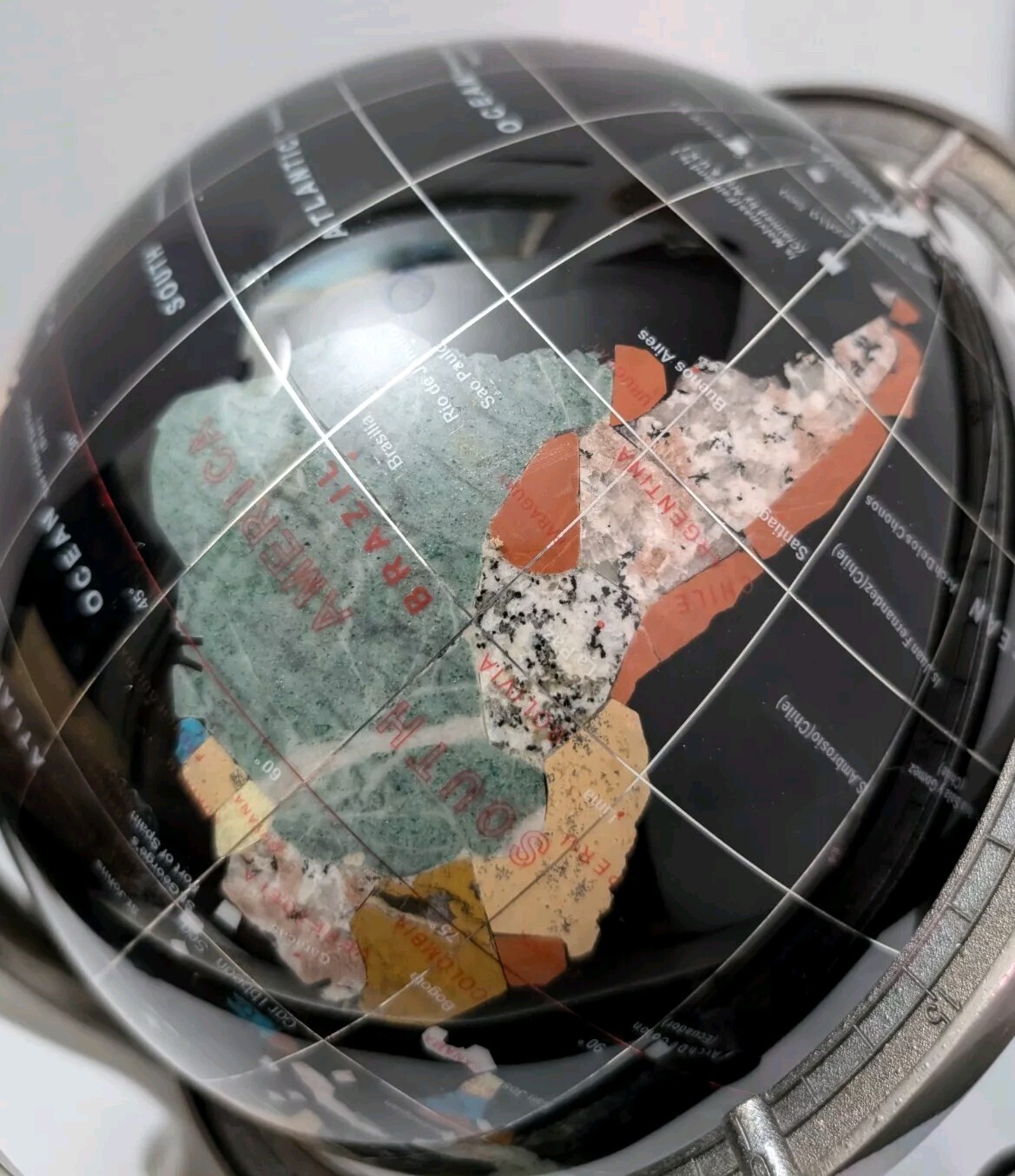 World Globe-Semi-Precious Inlaid Stone and Shells w Compass