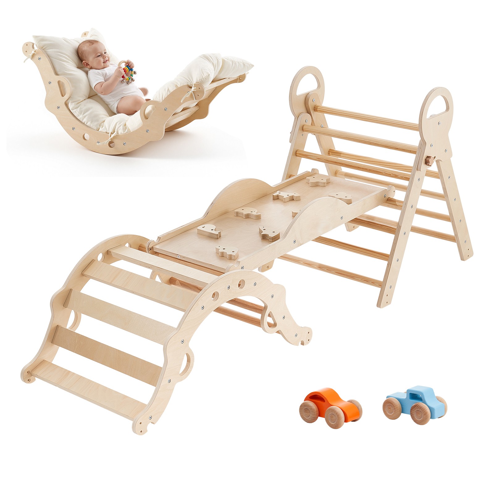 Uimoso 9-in-1 Wooden Toddler Climbing Set with Cars and Triangle Design