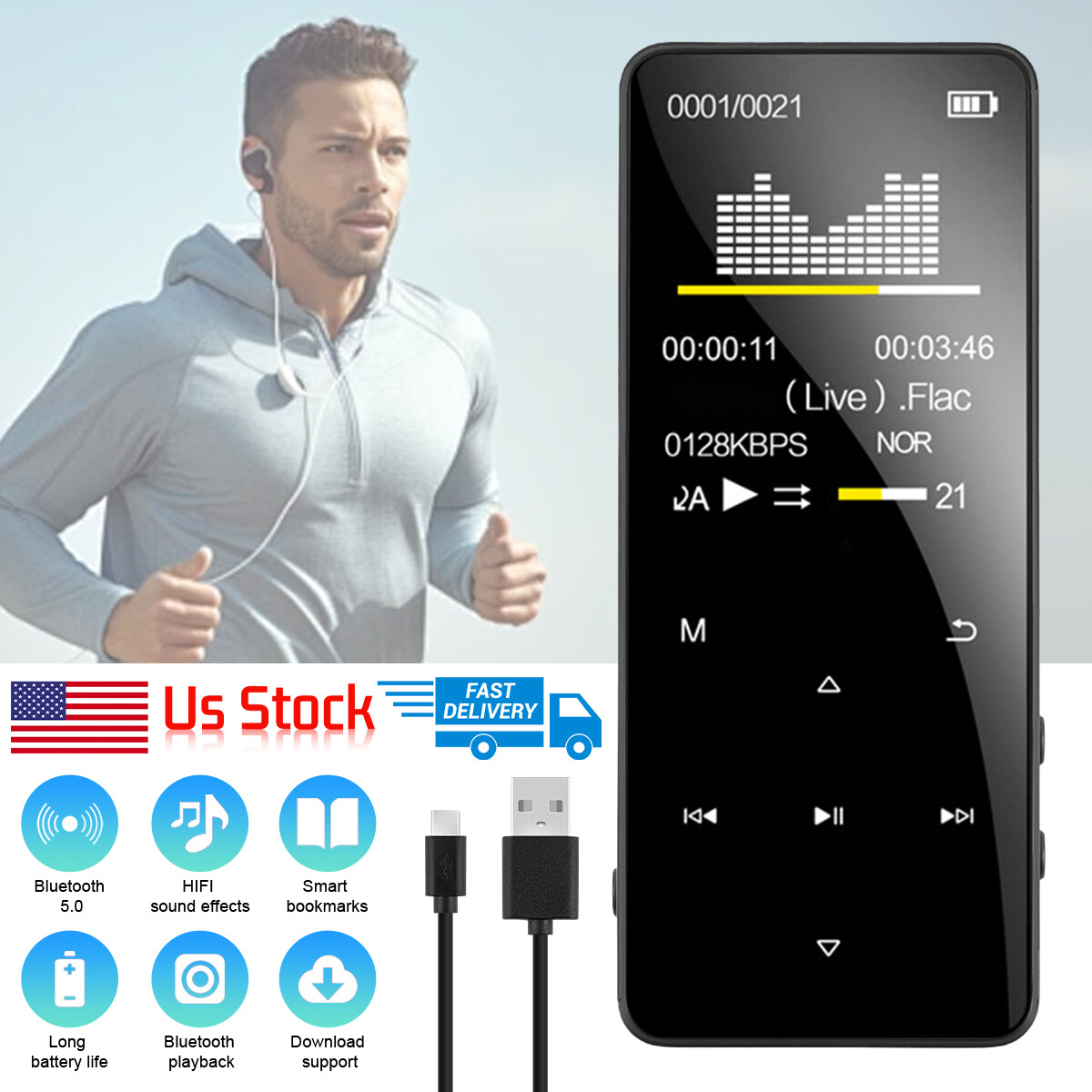 1.8" Touch MP3 Player Bluetooth 5.0 128GB Expandable 24H Playback Hi-Fi
