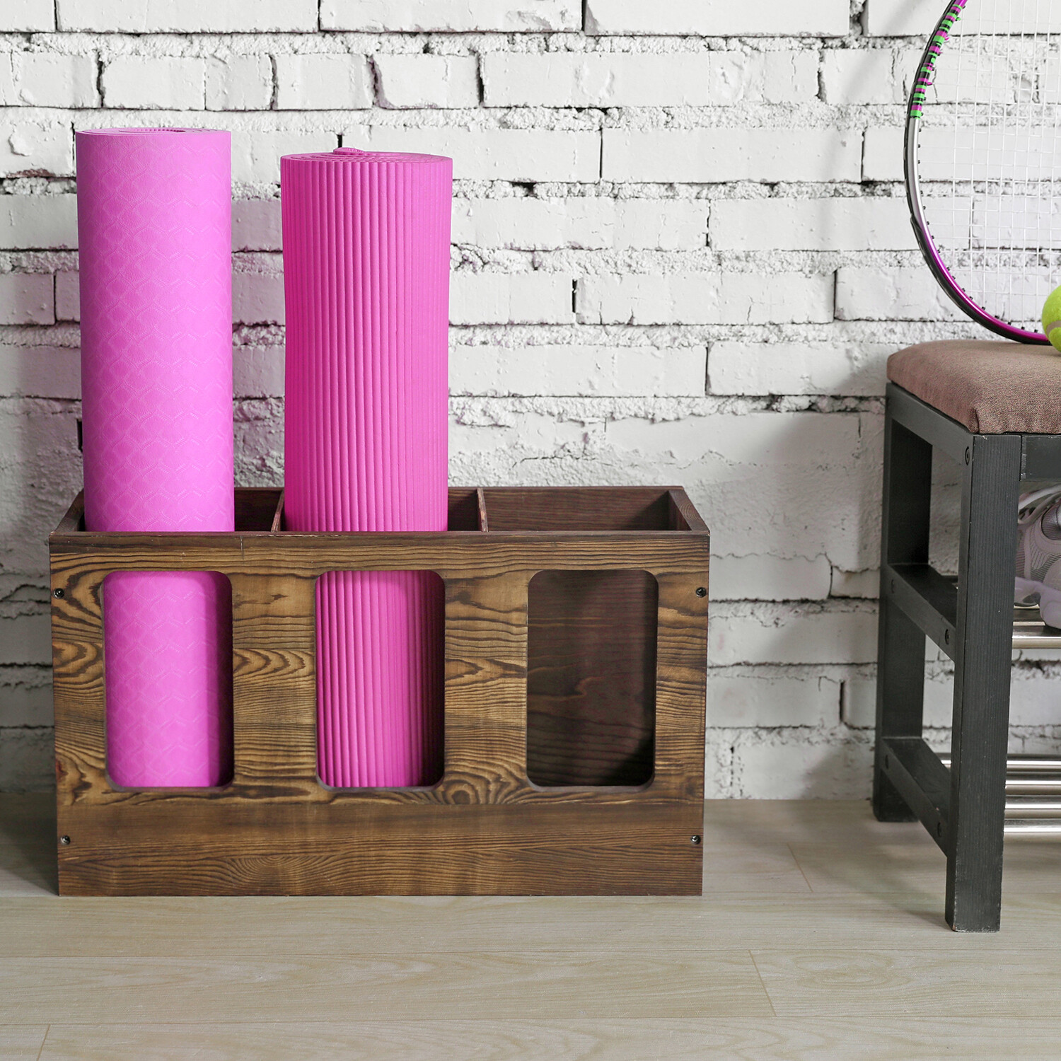 MyGift 3 Slot Dark Brown Wood Gym Sports Fitness Foam Roller Yoga Mat Rack