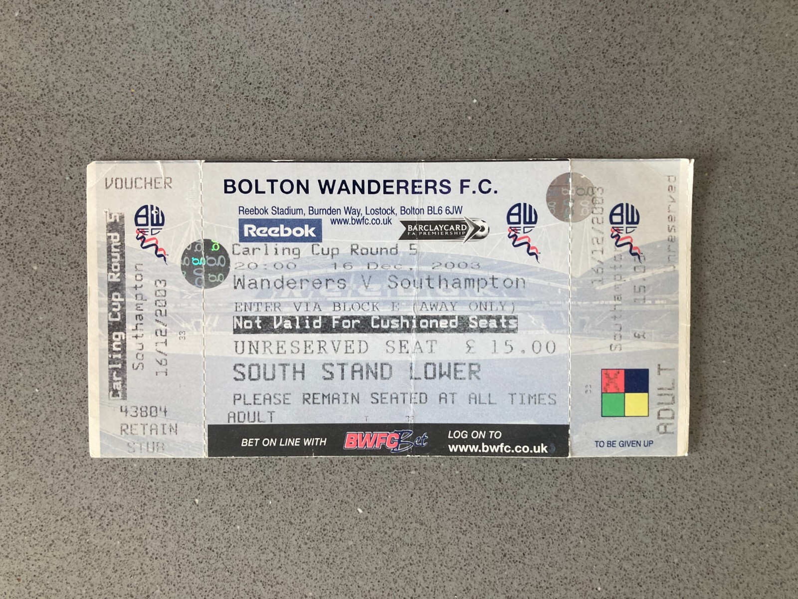 Bolton Wanderers v Southampton 2003-04 Match Ticket