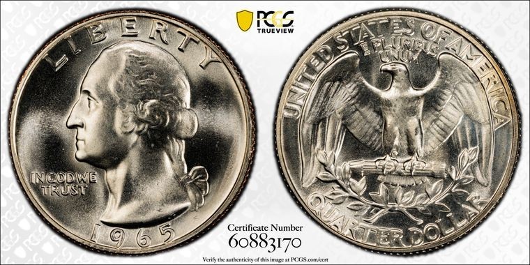 1965 SMS Washington Quarter, PCGS SP67, Gold Shield, TrueView