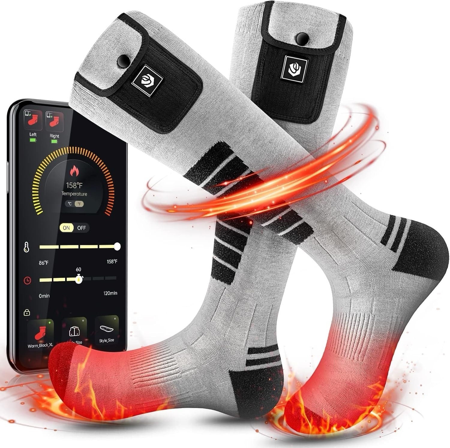 WASOTO Heated Socks Size Medium Gray, Rechargeable Battery Wireless Control