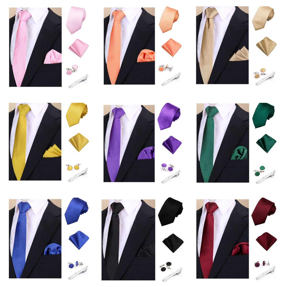 Mens Tie Pocket Square Cufflink Wedding Groom Set with Box