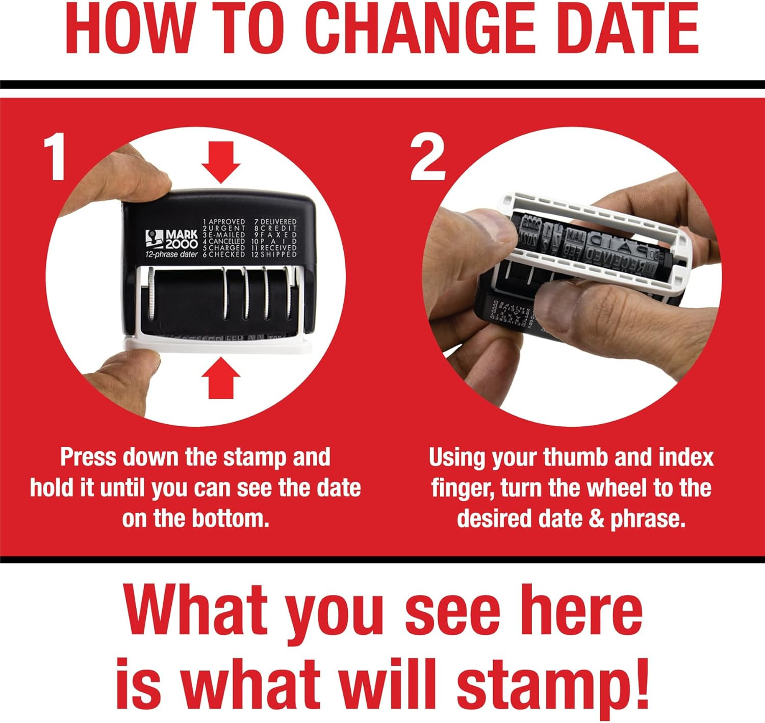 12-Phrase Dater - Date & Phrase Self-Inking Stamp - Red Ink