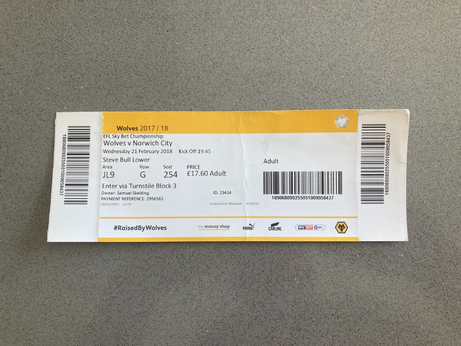 Wolverhampton Wanderers v Norwich City 2017-18 Match Ticket