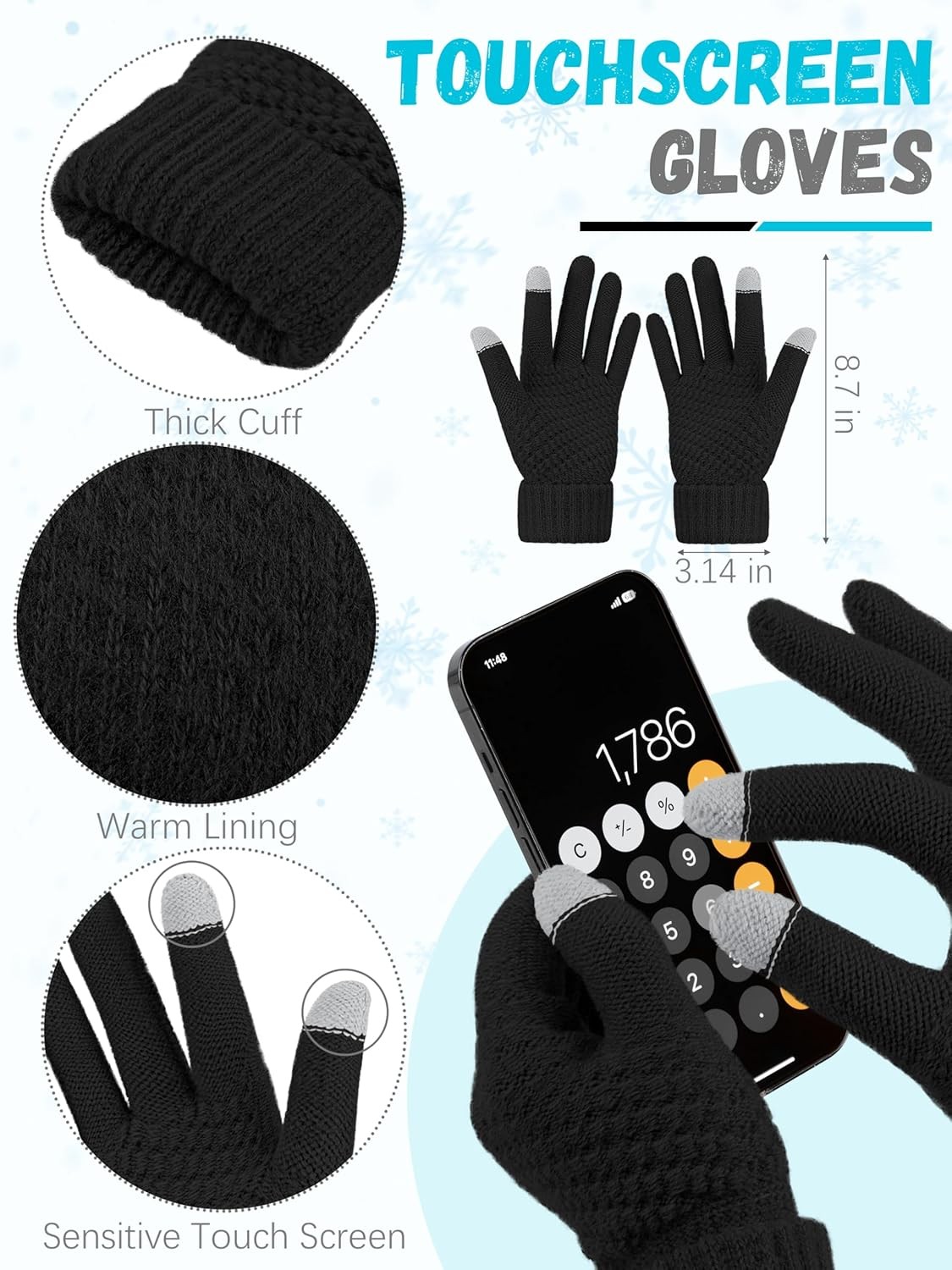 Winter Beanie Hat Scarf Gloves, Warm Fleece Knit Hats Touch Screen Gloves Neck S