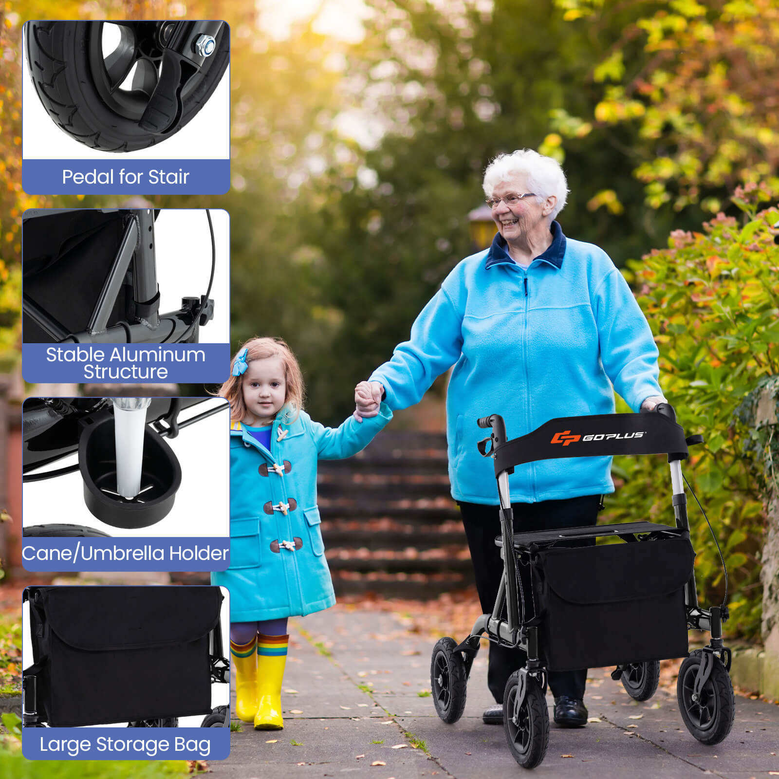 Foldable Height Adjustable Rollator Walker w/ Seat, Storage Bag for Seniors