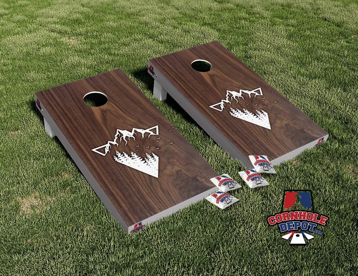 Mountains Nature Dark Wood Cornhole Board Vinyl Wrap Skins Laminated Sticker Set
