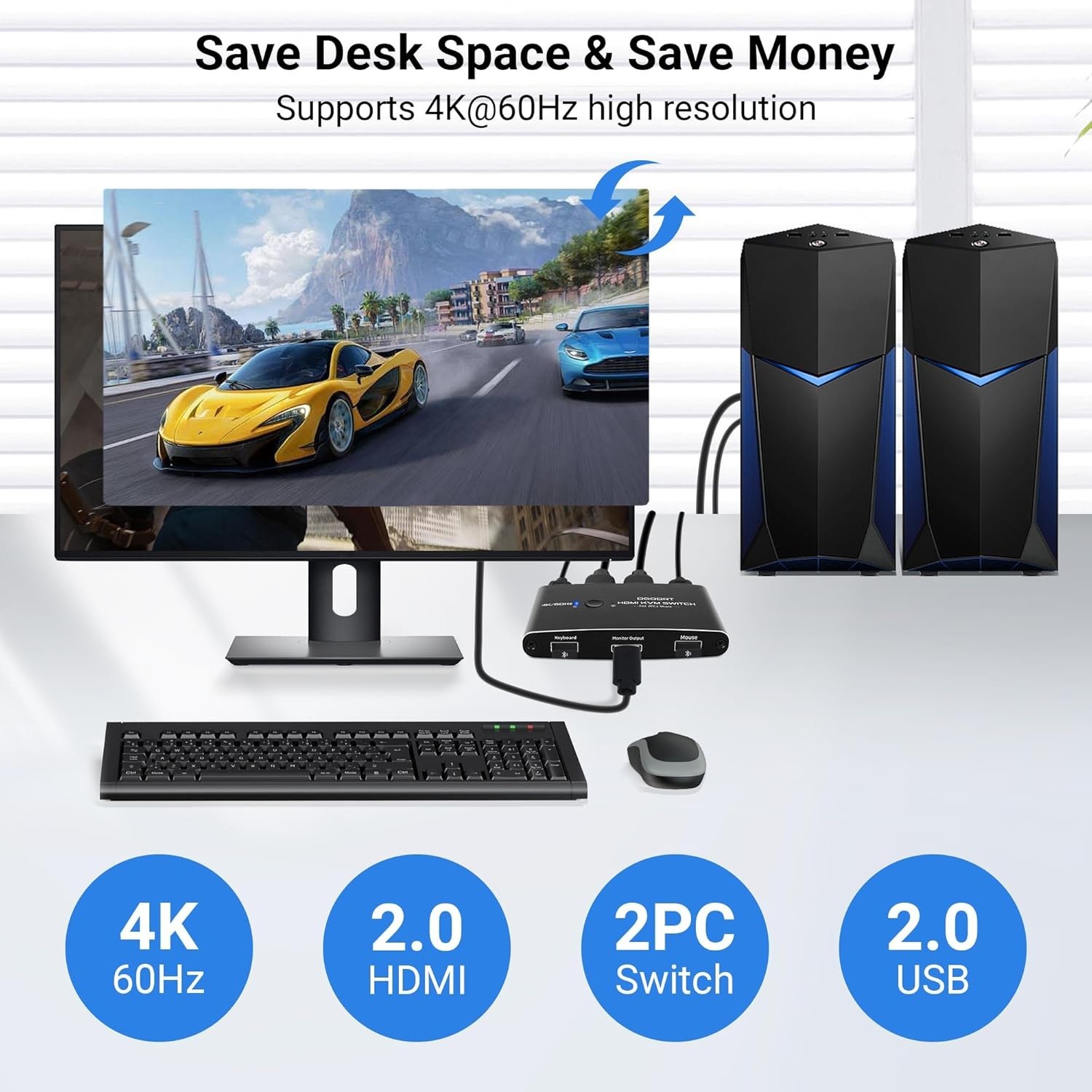 Effortless HDMI KVM Switch for 2 Computers - USB Cables Included, 4K Support