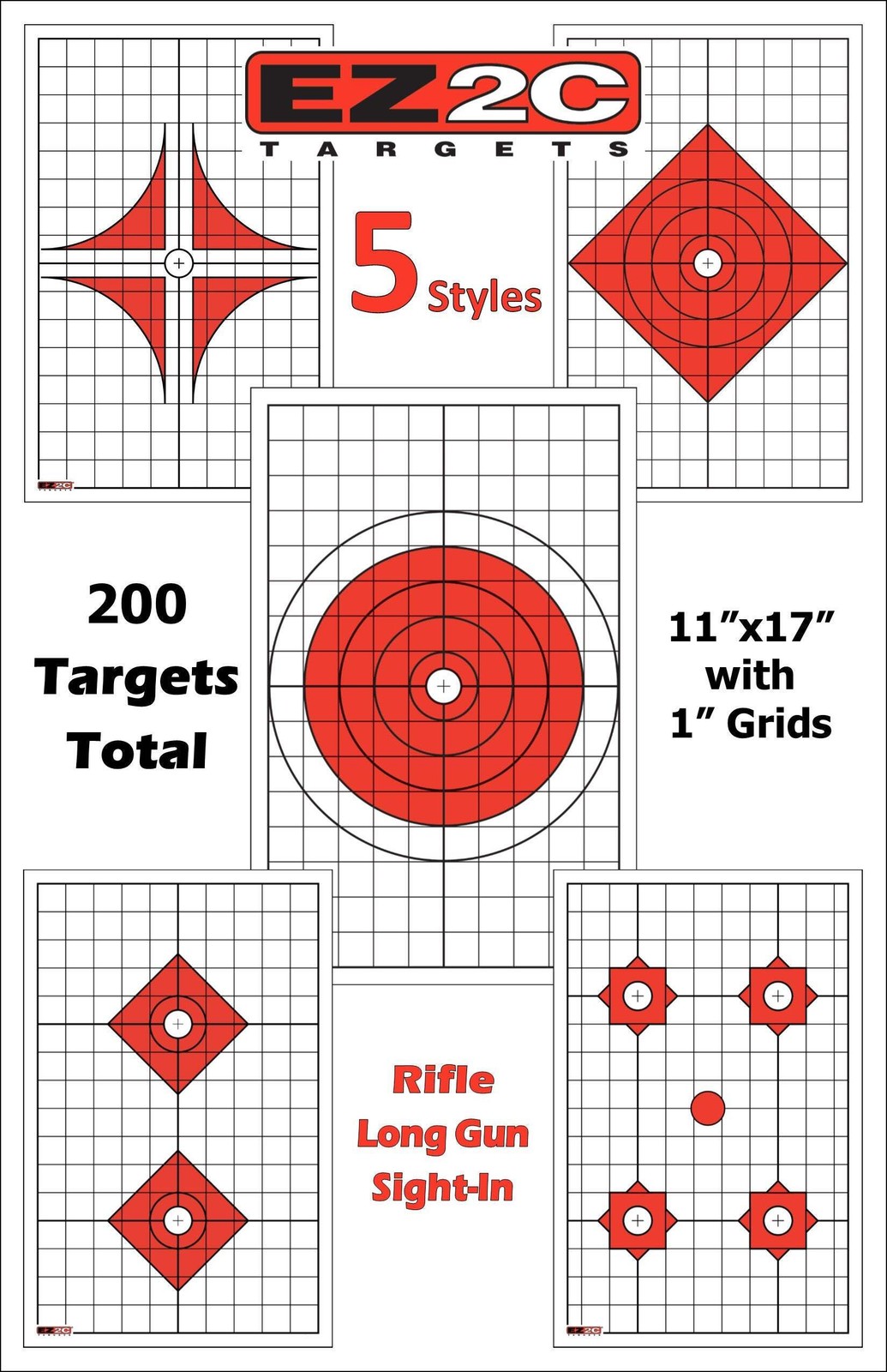 200 EZ2C Targets Most Popular 5 Rifle Styles Paper Targets Bundle 11"x17" USA Ma