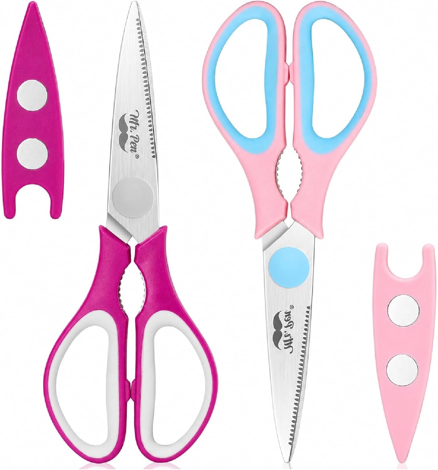 Versatile 8-Inch Kitchen Shears - Pink & Blue, Micro-Serrated Stainless Steel