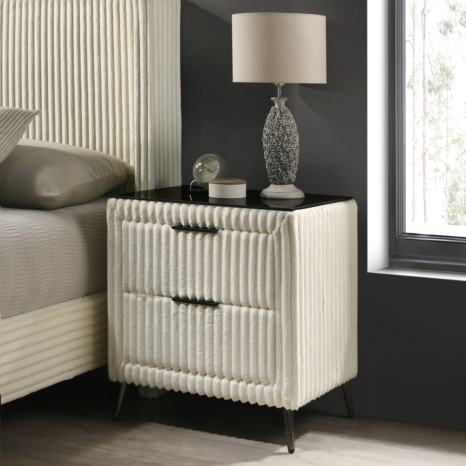 Mavela Wide Wale Corduroy Upholstery Nightstand, Cream