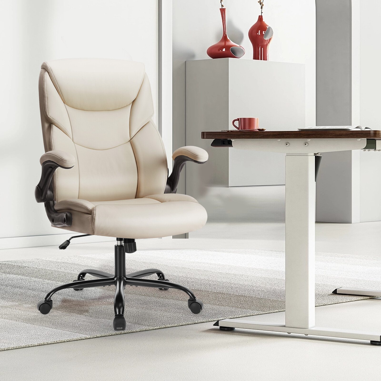 Ergonomic PU Leather Executive Office Chair with Flip-up Armrests Desk Chair