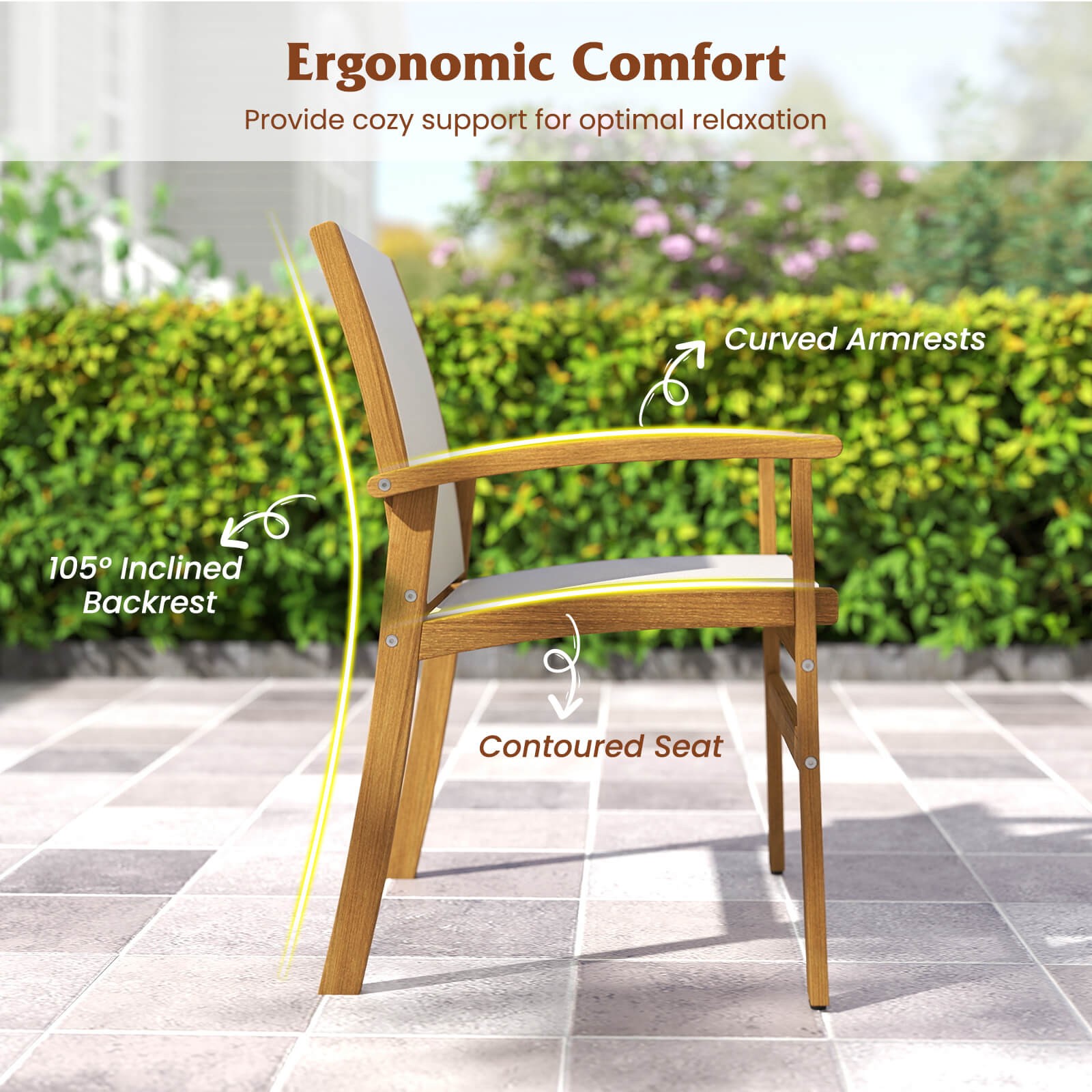 2 PCS Outdoor Dining Chairs Acacia Wood Patio Chairs w/Breathable Fabric Seat