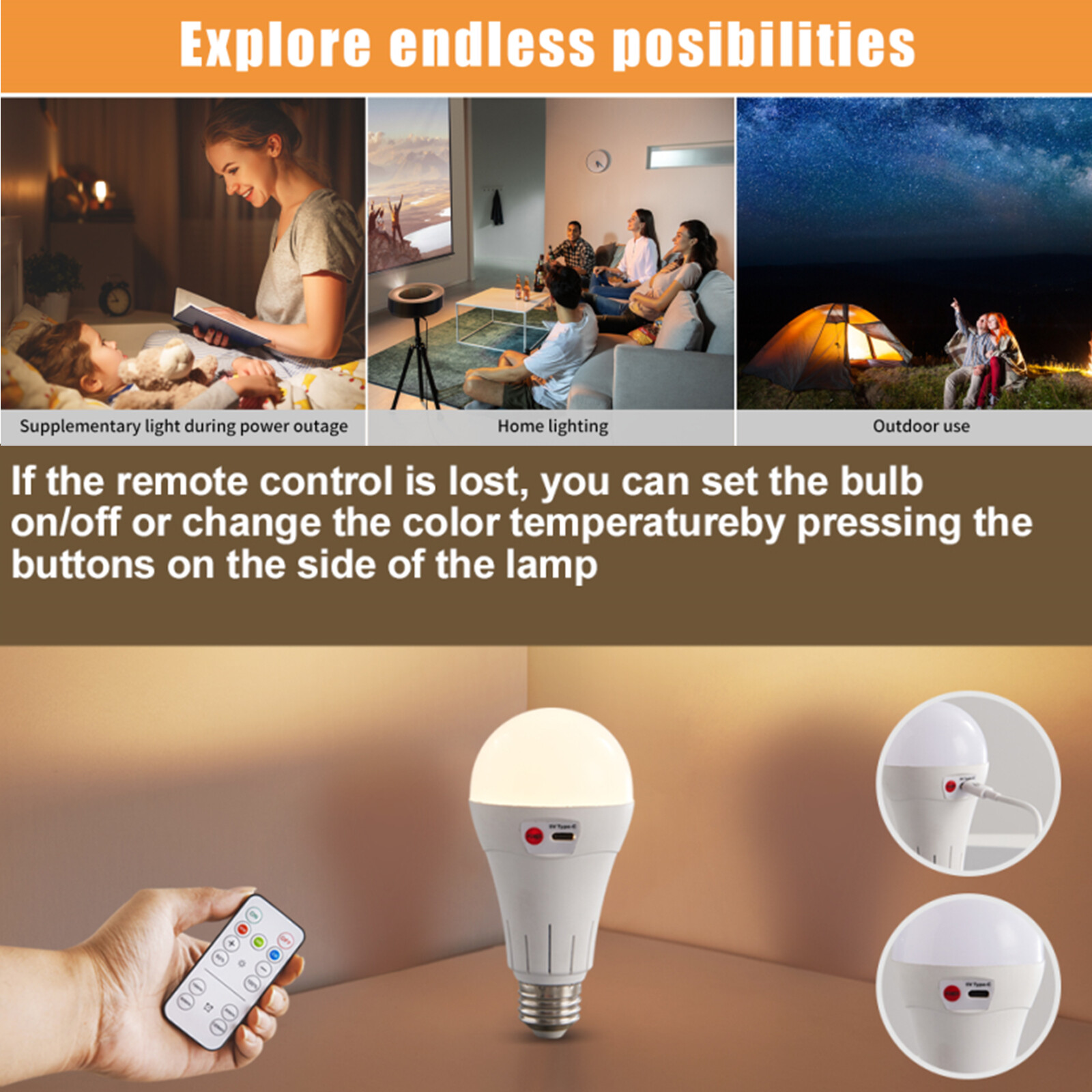 Rechargeable Battery Operated Light Bulbs w/Remote Wireless E26 LED Bulb 5000mAh