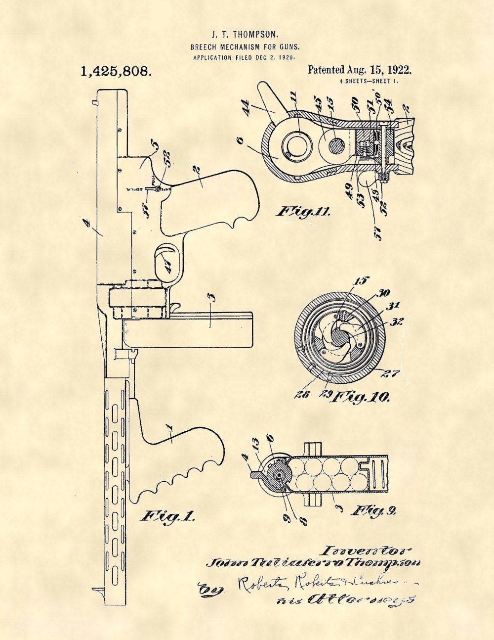 Thompson Machine Gun 'Tommy Gun' 1922 US Patent Art Print - Vintage Mob Gun -923
