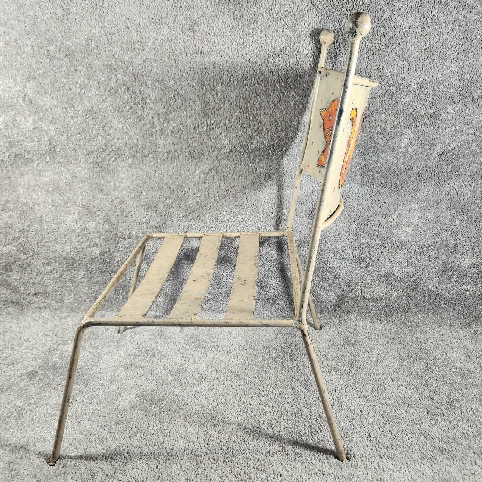 Child's Metal Chair Cream Orange Hand Painted Cat Vintage Whimsical Kids Size