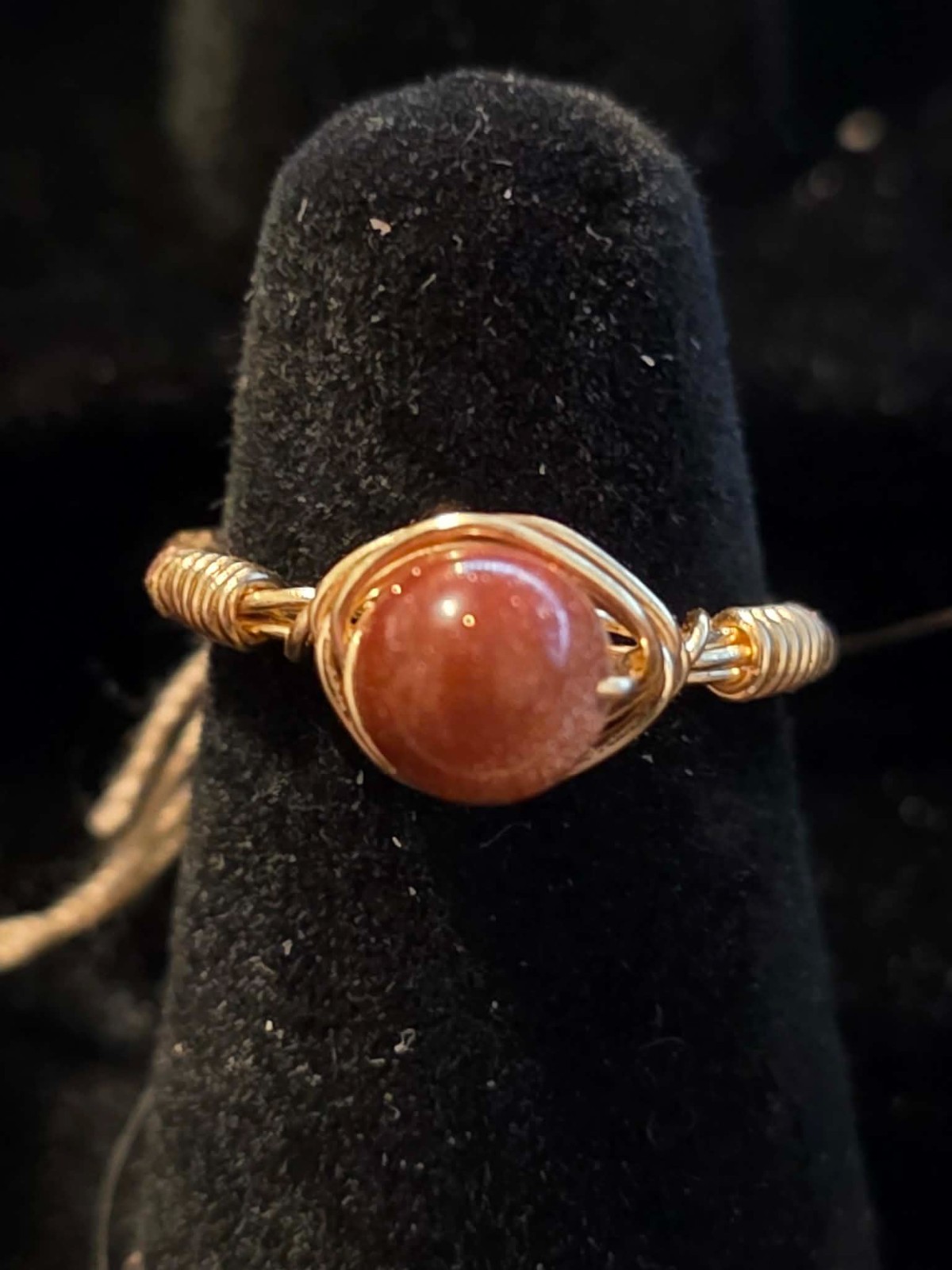 Handmade size 5 Wire-Wrapped Goldstone Ring with Gold-Tone Plated Wire